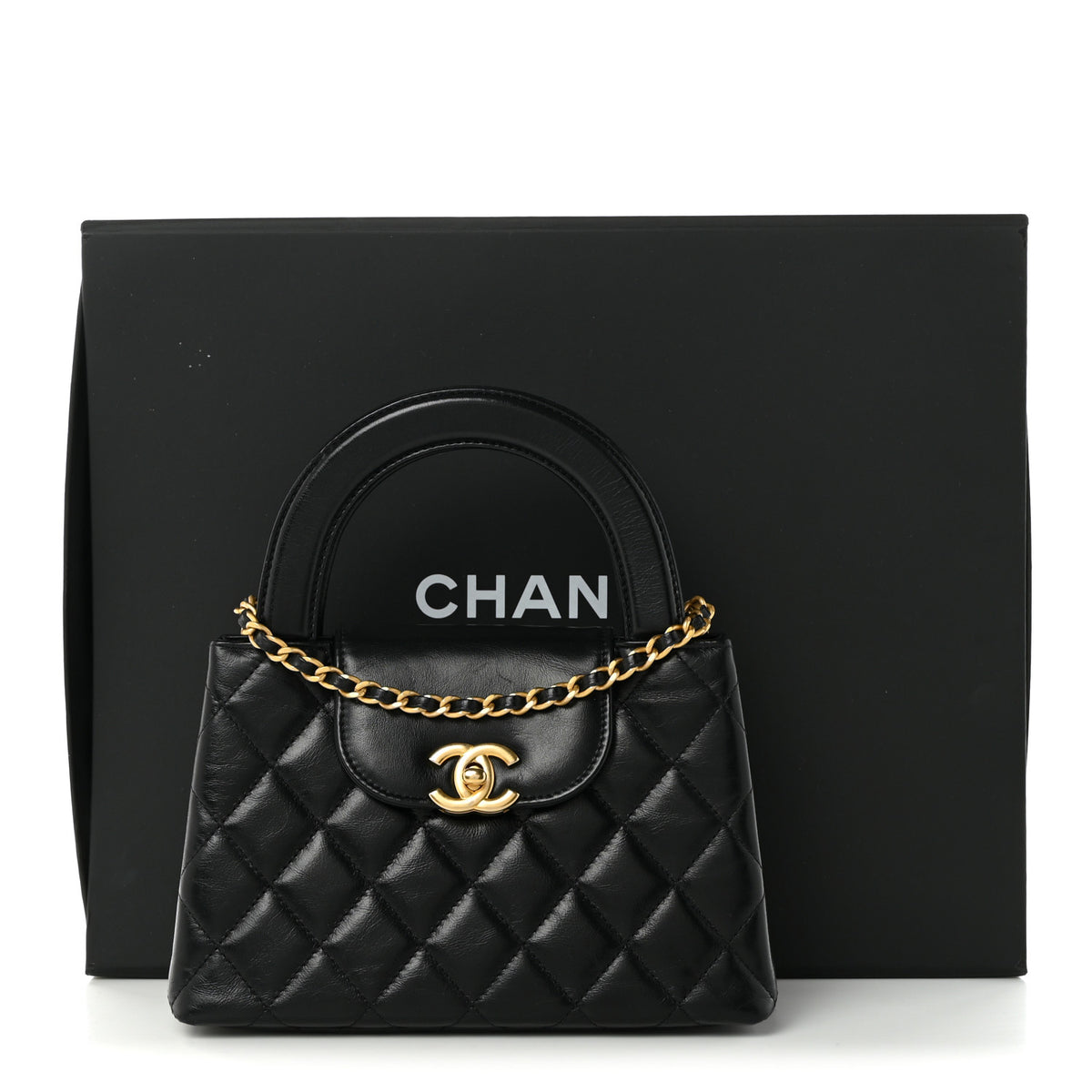 Shiny Aged Calfskin Quilted Nano Kelly Shopper Black