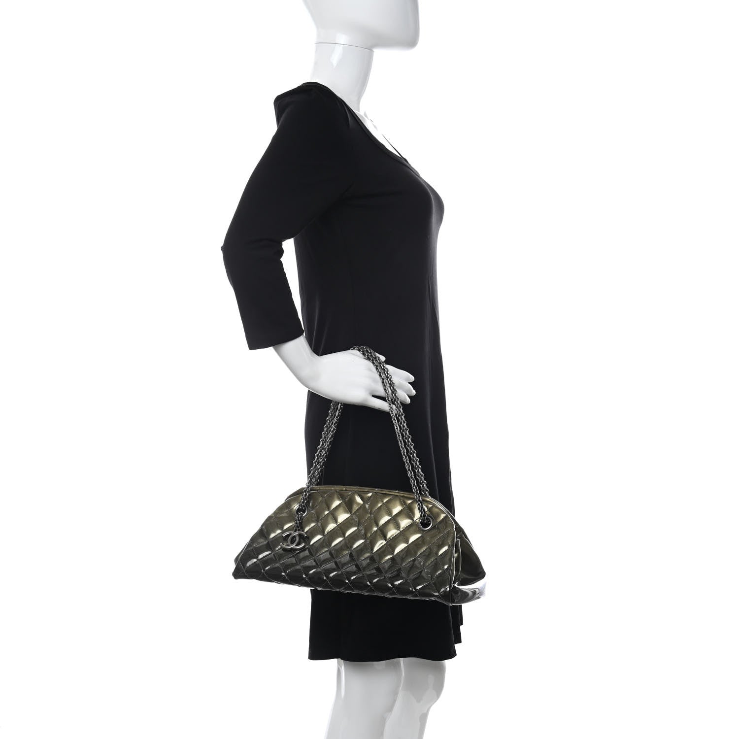 Chanel Metallic Patent Quilted Medium Just Mademoiselle Bowling Bag Green Degrade 2 of 12