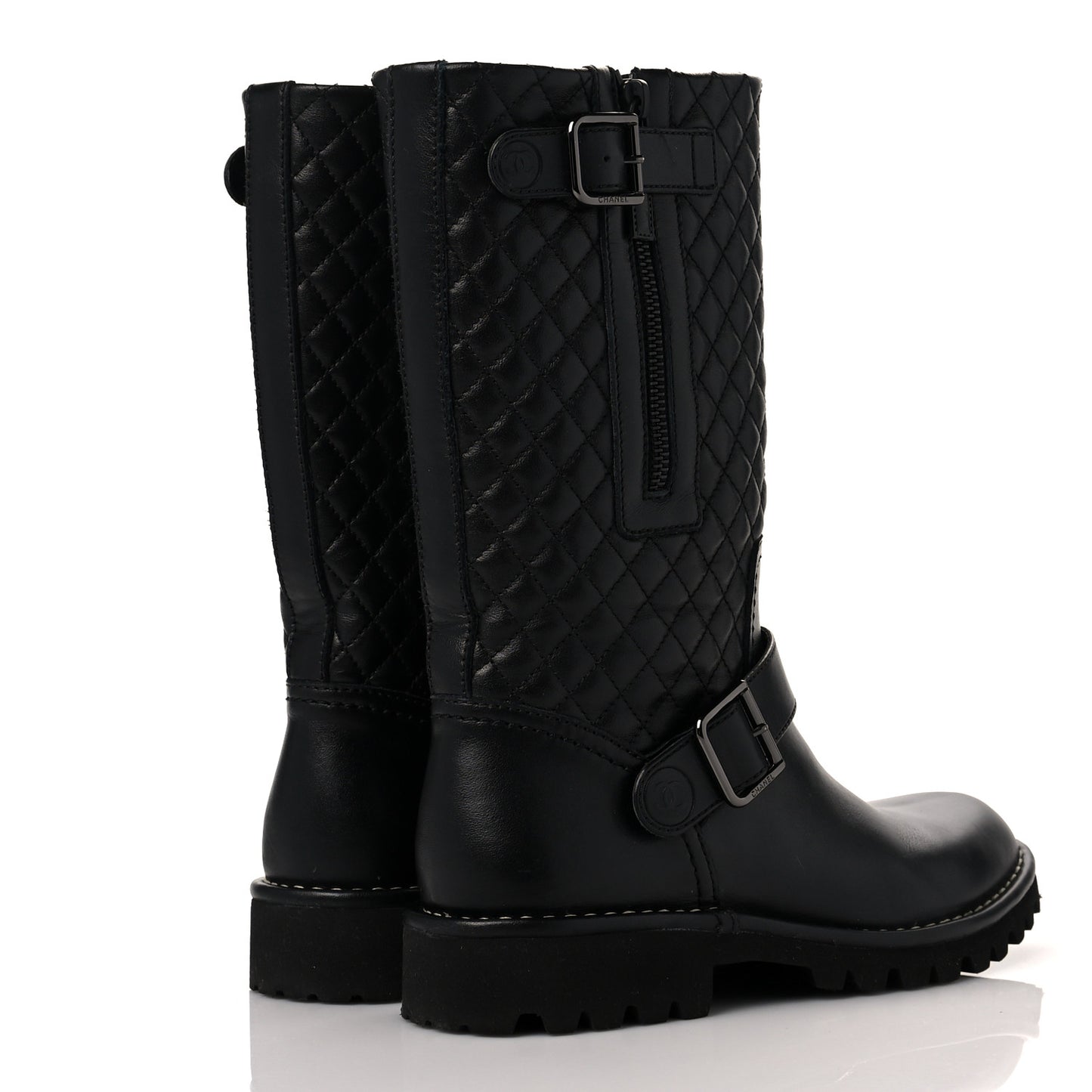 Calfskin Quilted Biker Boots 36.5 Black