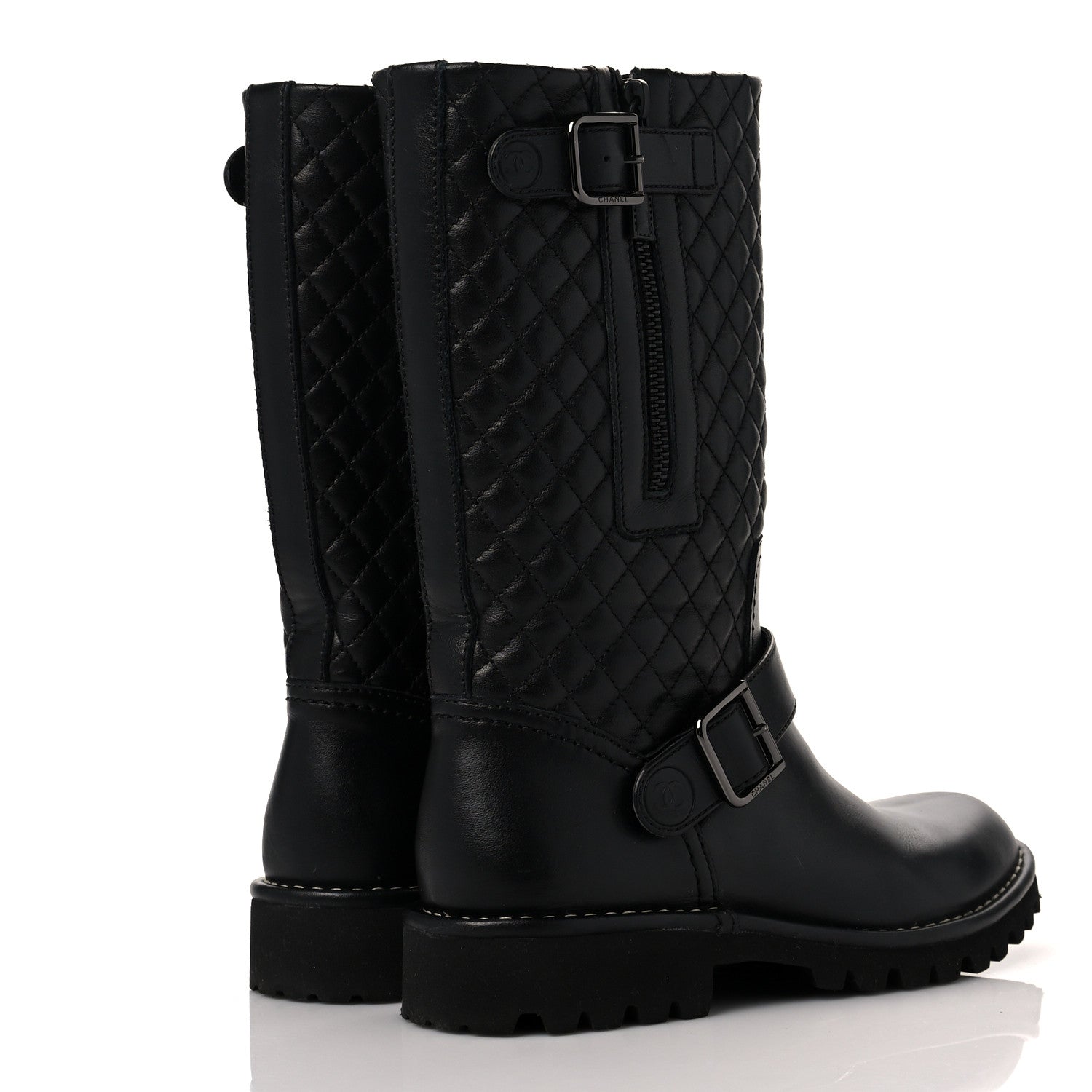 Chanel Calfskin Quilted Biker Boots 36.5 Black 4 of 6