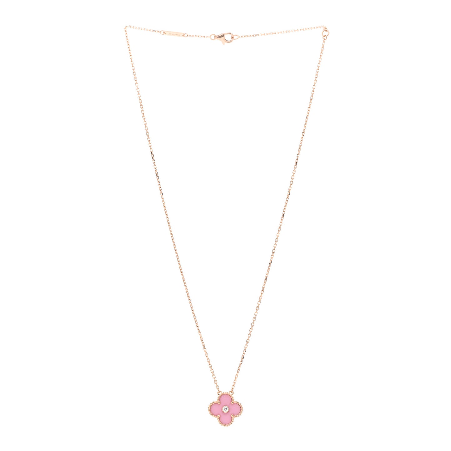 18K Rose Gold Diamond Pink Porcelain Vintage Alhambra Pendant Necklace