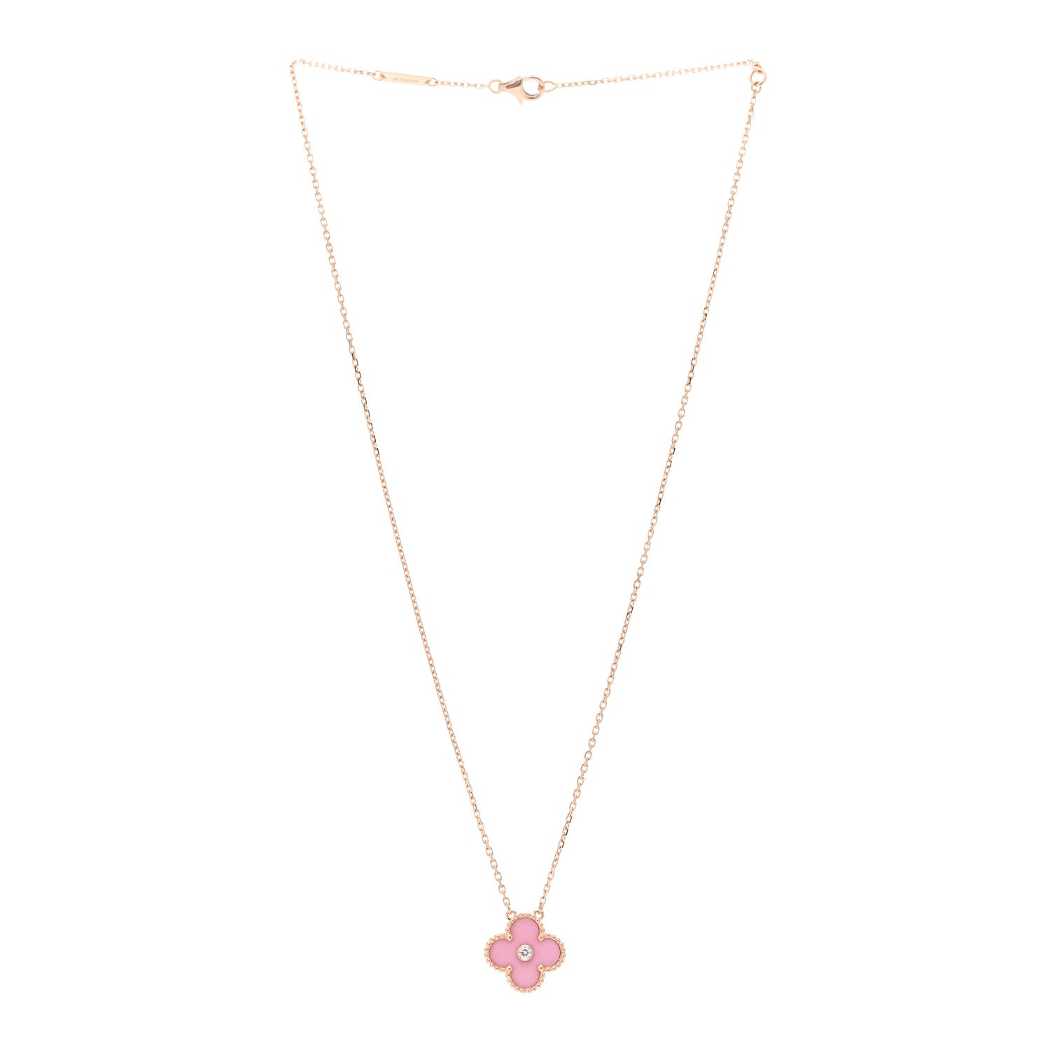Van Cleef & Arpels 18K Rose Gold Diamond Pink Porcelain Vintage Alhambra Pendant Necklace 2 of 5