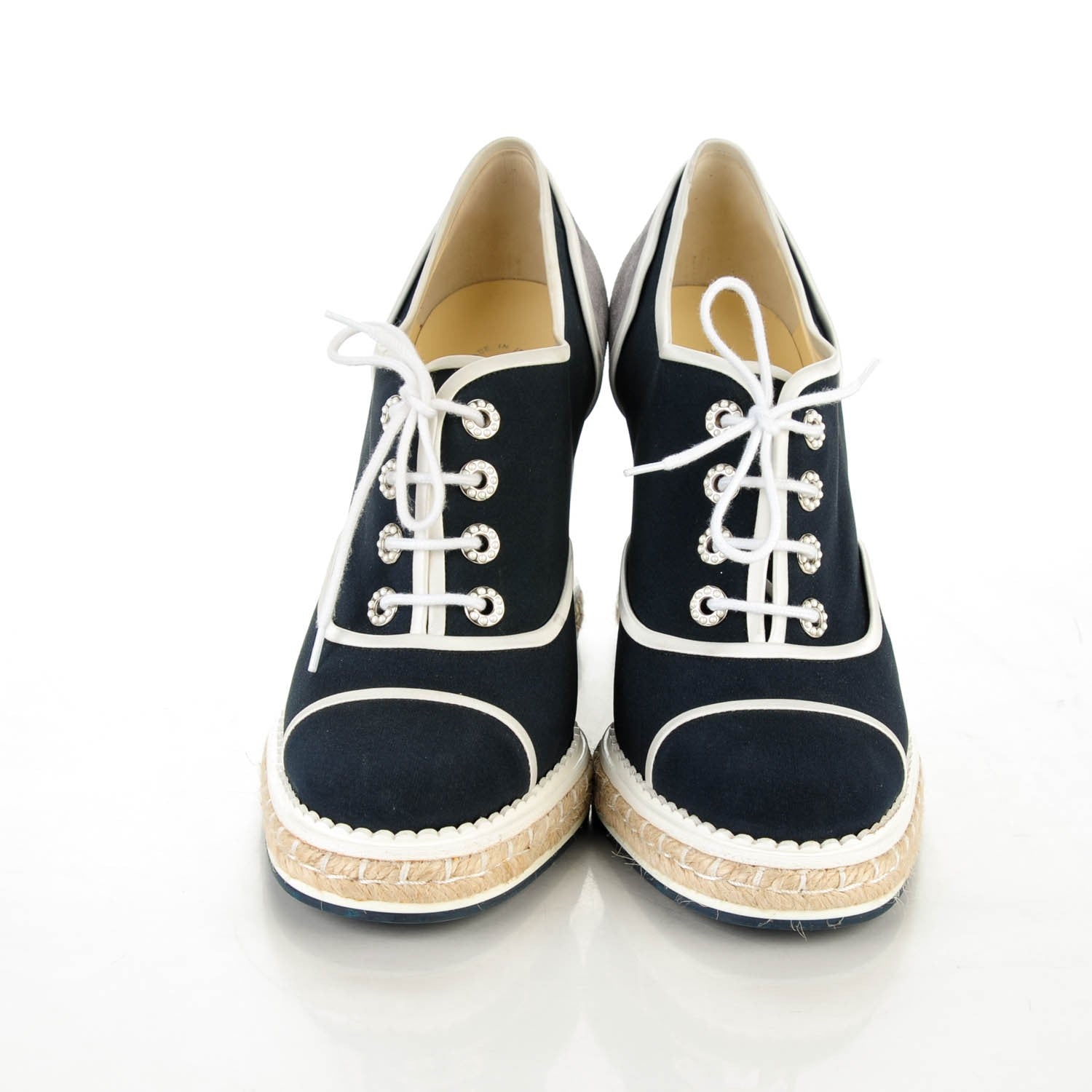 Chanel Silk Crepe Suede Calfskin Lace Up Wedge Espadrilles 41.5 Navy Grey 2 of 6