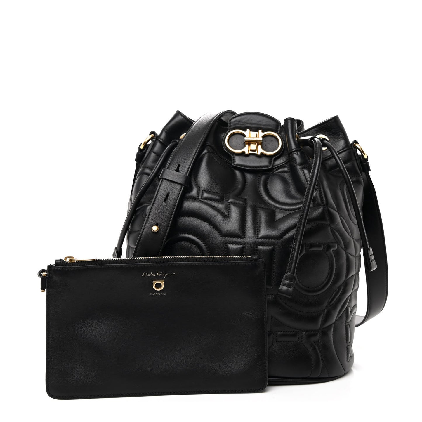 Calfskin Quilted Gancini Bucket Bag Black