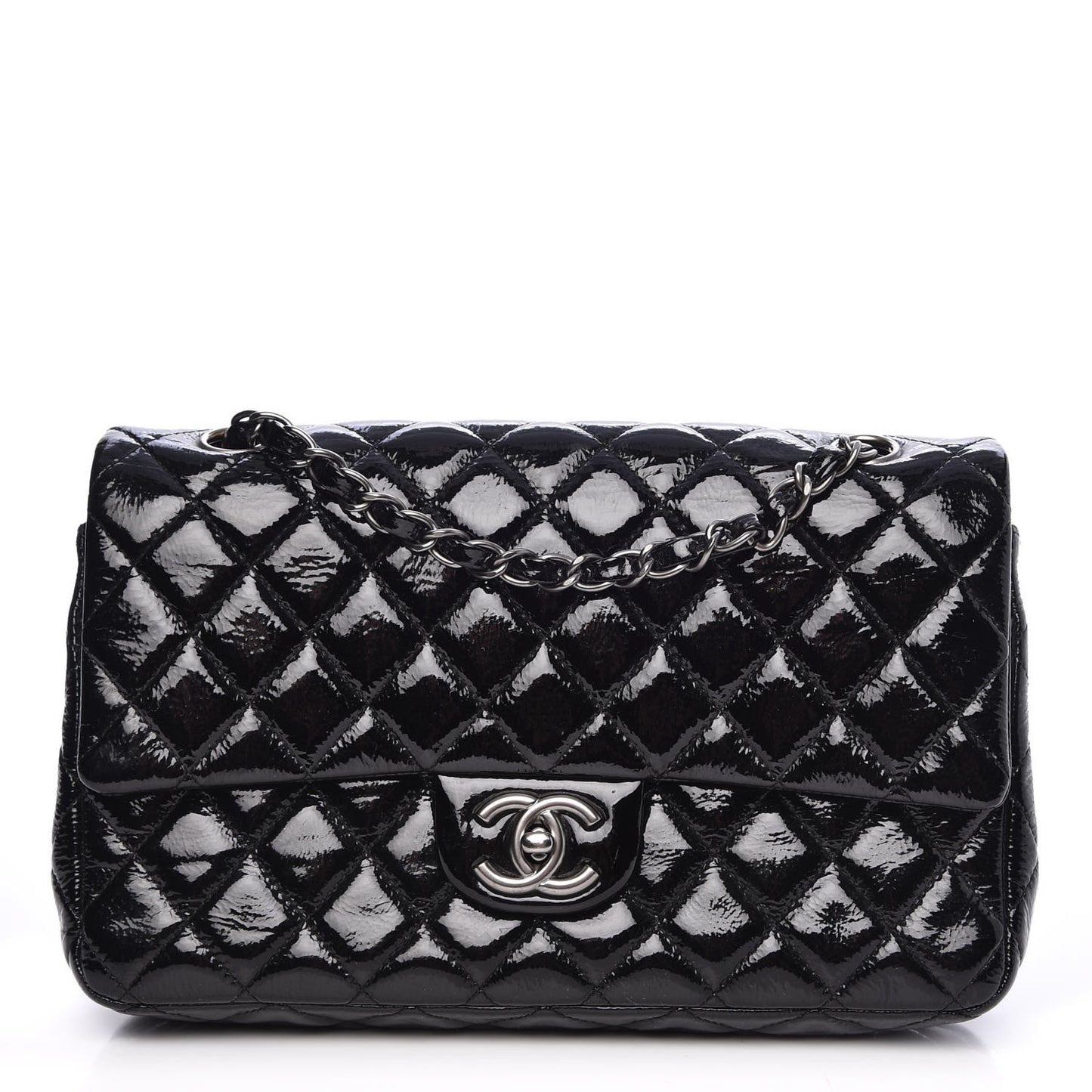 Distressed Patent Quilted Medium Double Flap Black