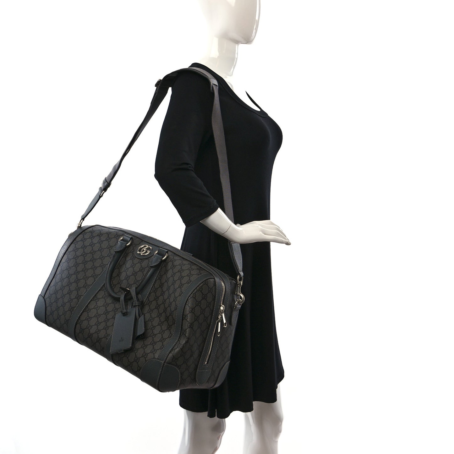 GG Supreme Monogram Textured Dollar Calfskin Medium Savoy Duffle Bag Grey Black Graphite Grey