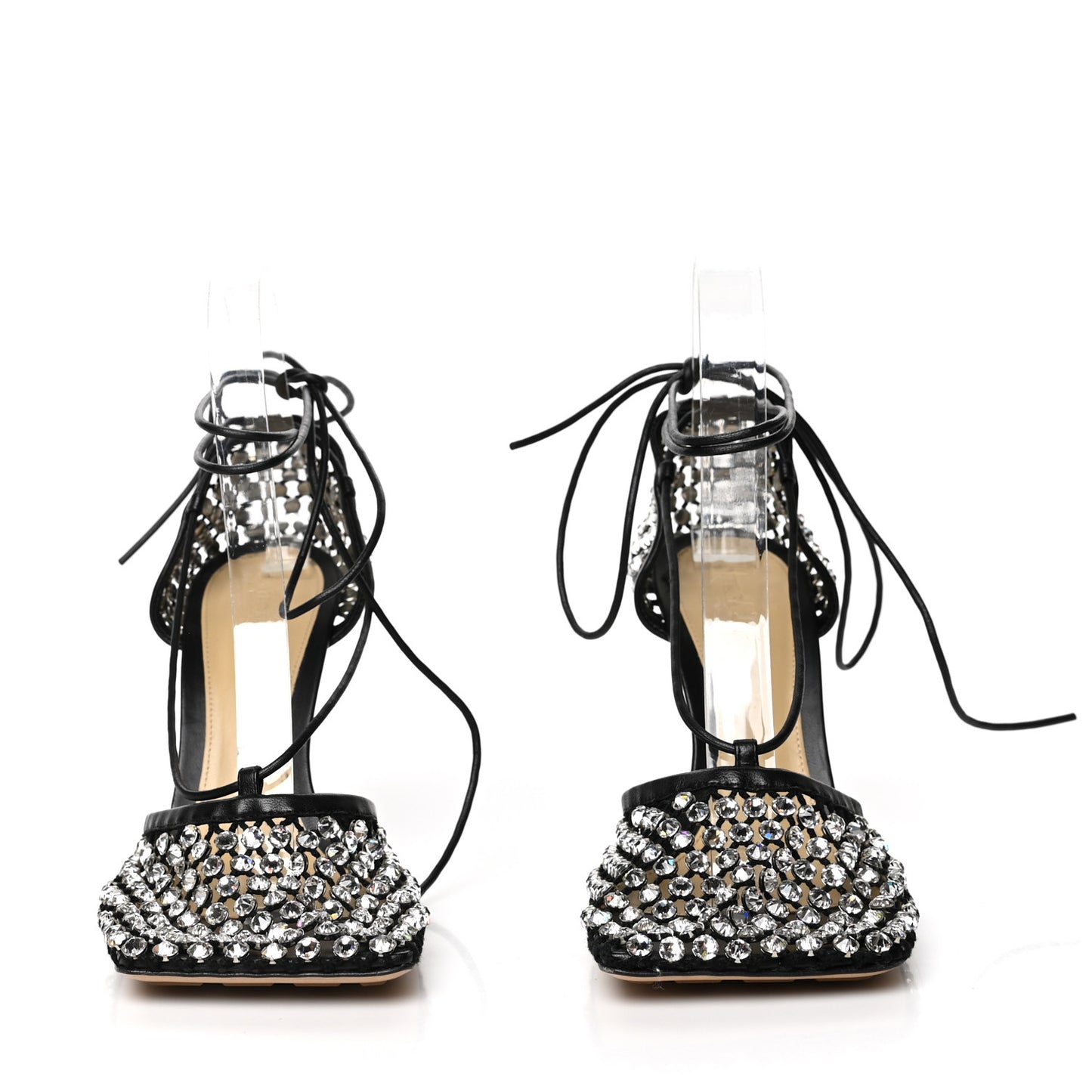 Mesh Nappa Crystal Embellished Sparkle Stretch Ankle Tie Sandals 38 Black