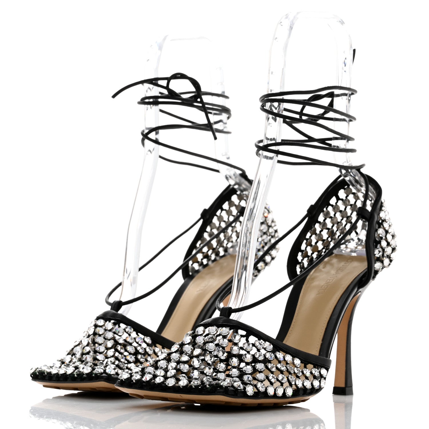Bottega Veneta Mesh Nappa Crystal Embellished Sparkle Stretch Ankle Tie Sandals 39.5 Black 3 of 7