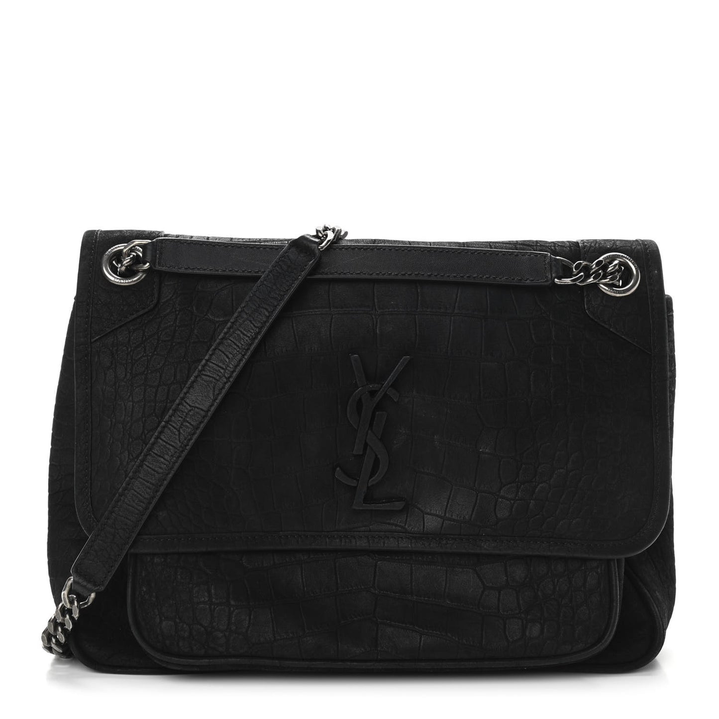 Nubuck Crocodile Embossed Monogram Medium Niki Chain Satchel Black