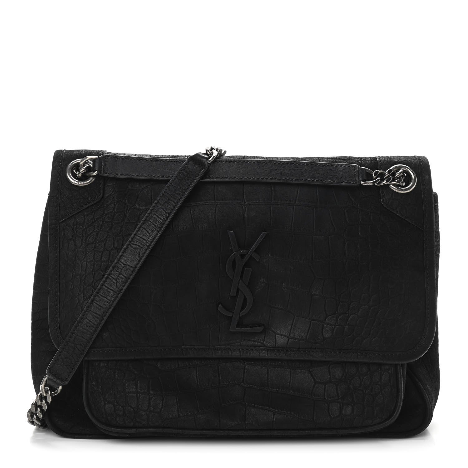 Saint Laurent Nubuck Crocodile Embossed Monogram Medium Niki Chain Satchel Black 1 of 11