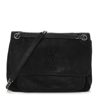 Saint Laurent Nubuck Crocodile Embossed Monogram Medium Niki Chain Satchel Black 1 of 11