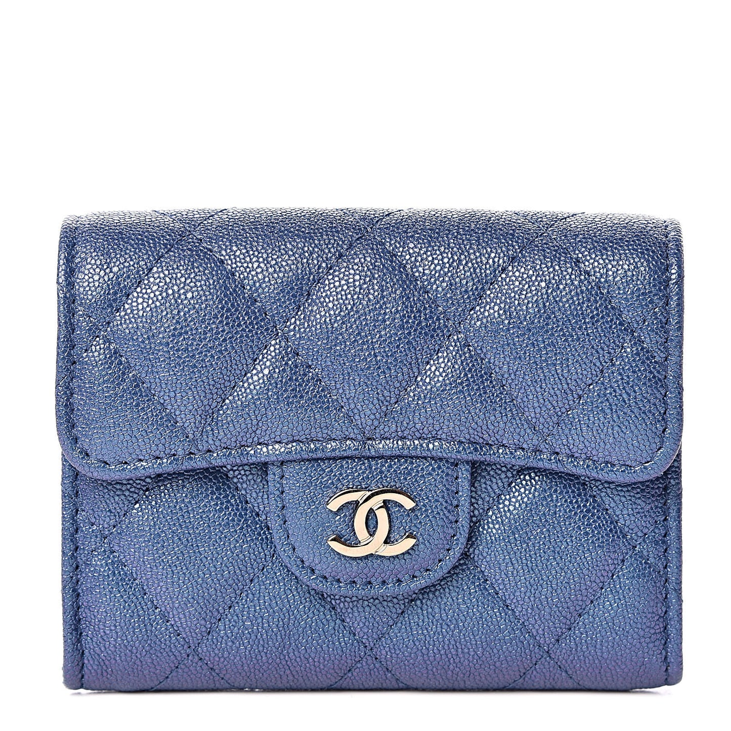 Iridescent Caviar Quilted Flap Card Holder Wallet Dark Blue