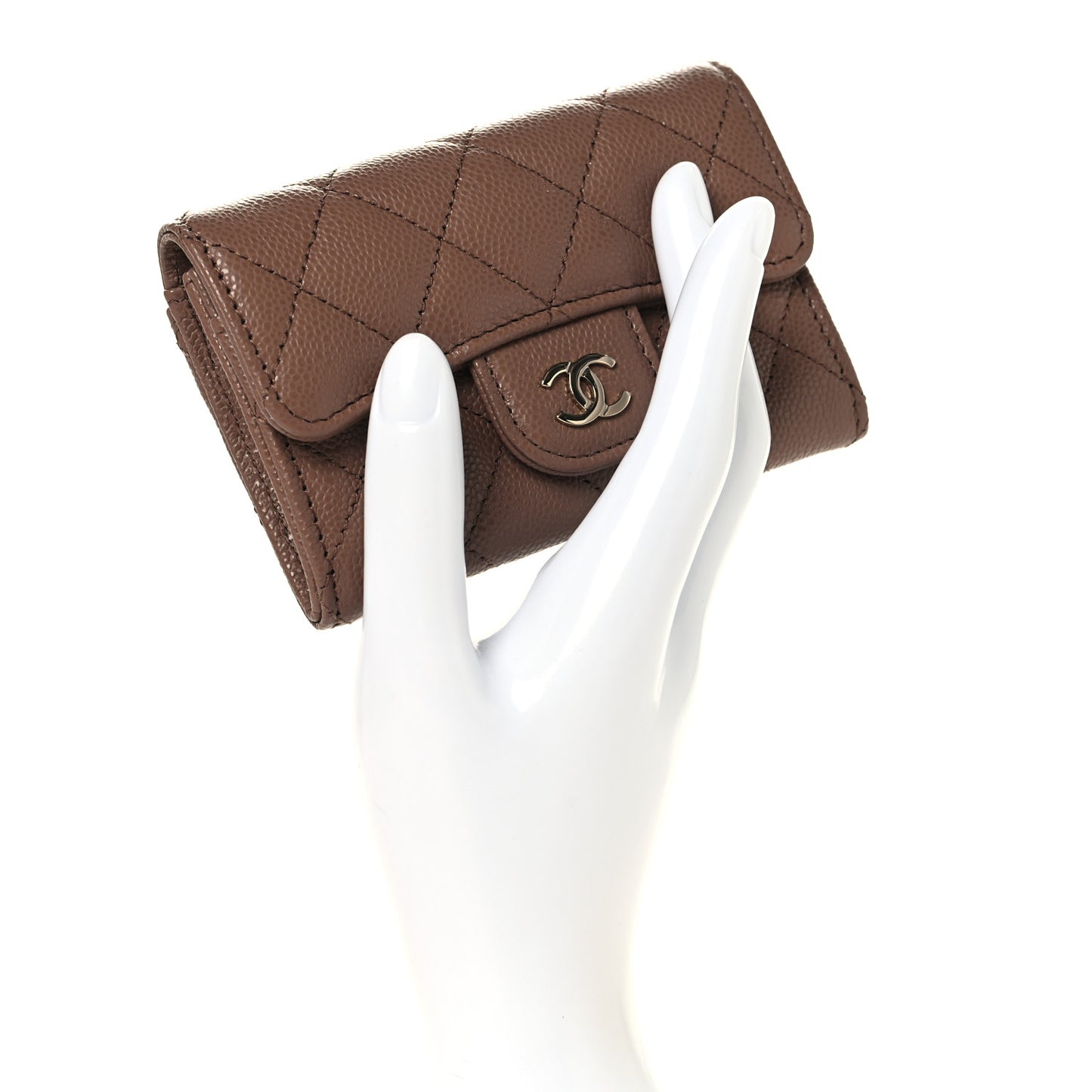 Caviar Quilted Flap Card Holder Wallet Light Brown