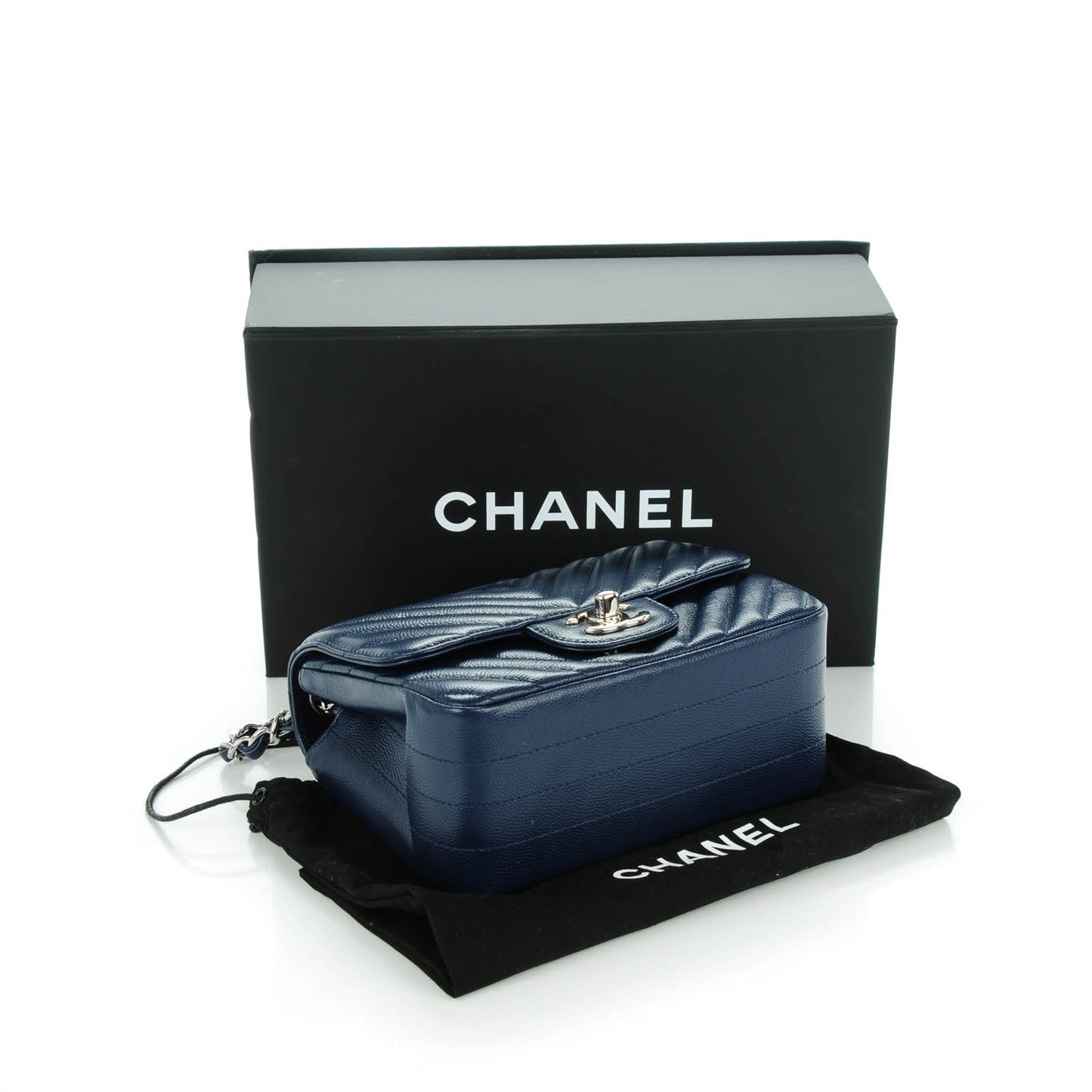 Caviar Chevron Quilted Mini Square Flap Navy Blue