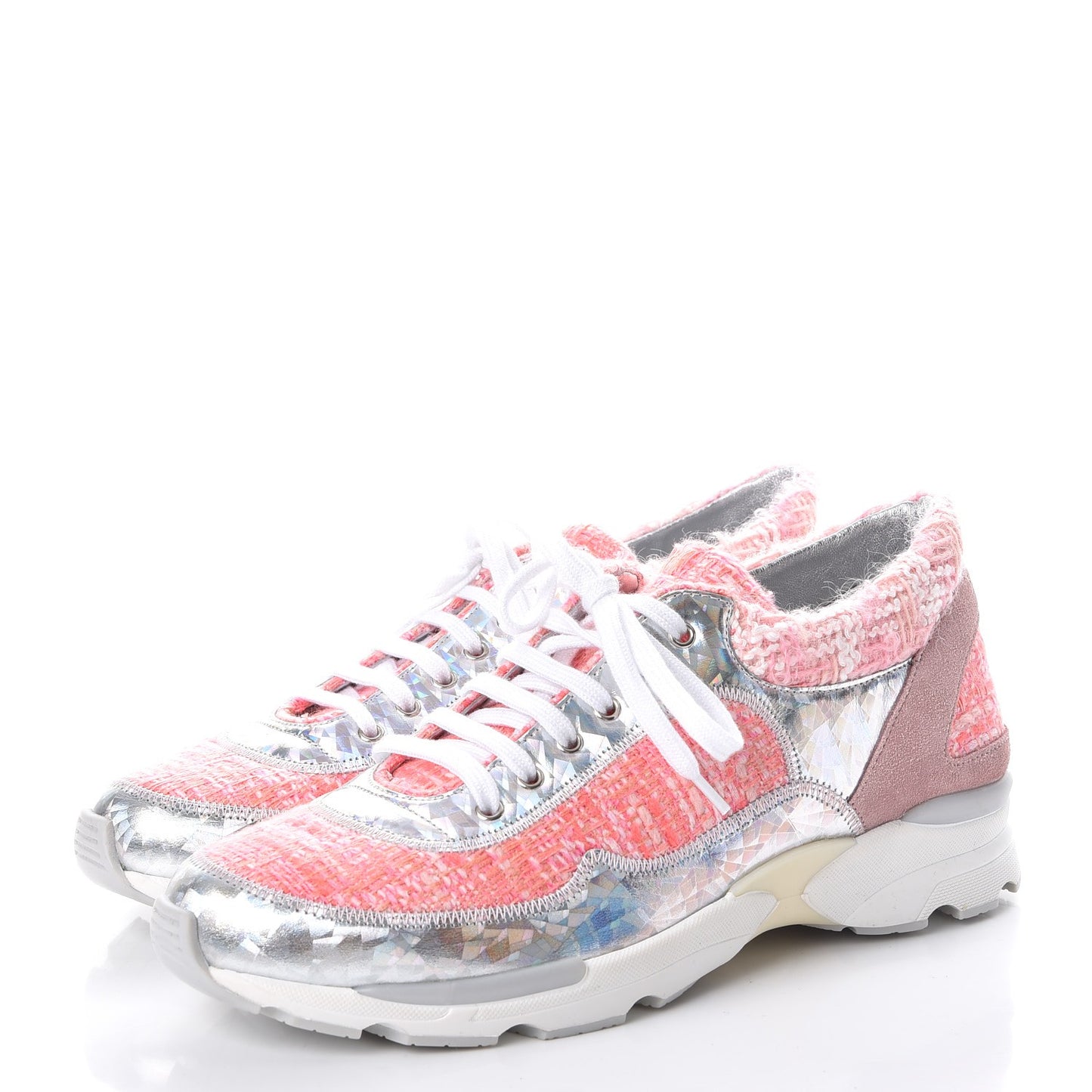 Tweed Suede Calfskin Sneakers 38 Silver Pink