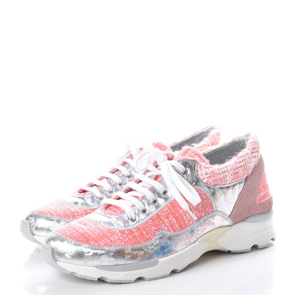 Chanel Tweed Suede Calfskin Sneakers 38 Silver Pink 3 of 8