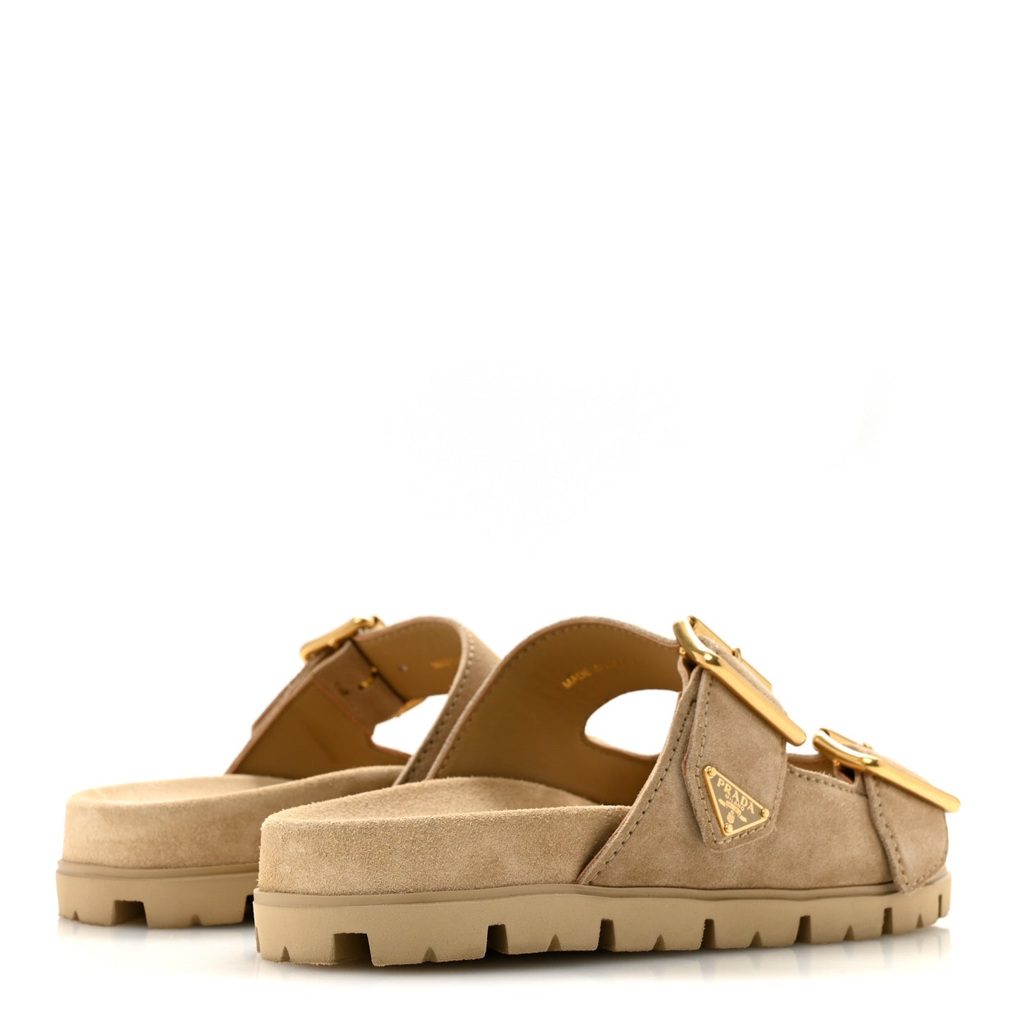 Suede Metal Triangle Logo Womens Double Buckle 20mm Slide Sandals 36.5 Ecru