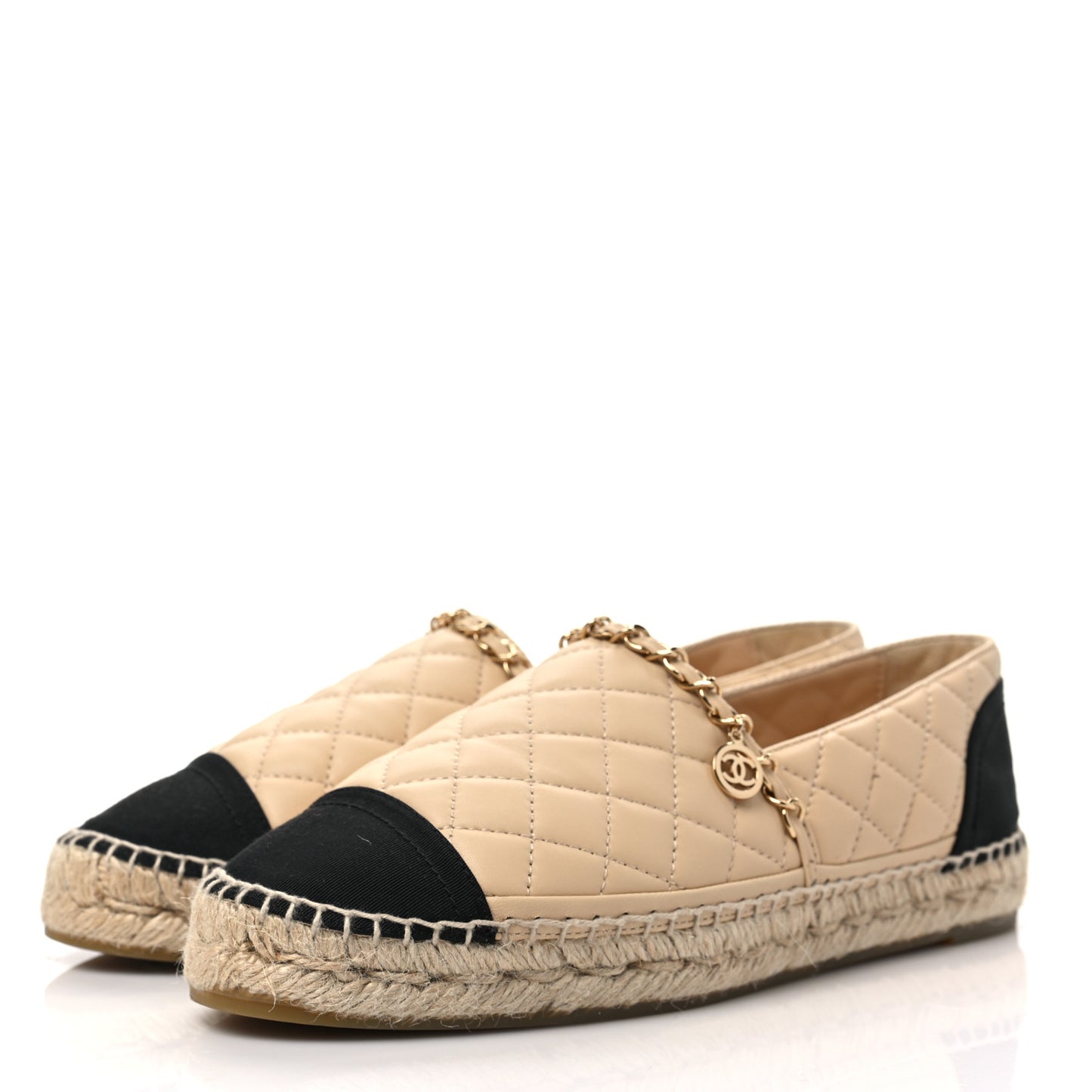Lambskin Grosgrain Quilted CC Chain Espadrilles 40 Beige Black