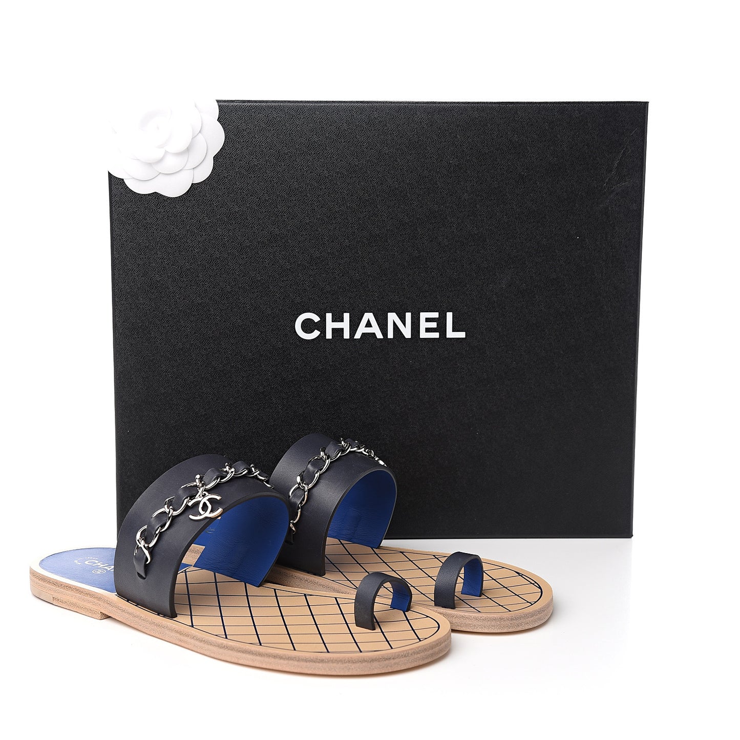 Calfskin Chain CC Logo Toe Ring Sandals 37.5 Black
