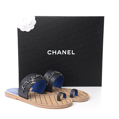 Chanel Calfskin Chain CC Logo Toe Ring Sandals 37.5 Black 9 of 9