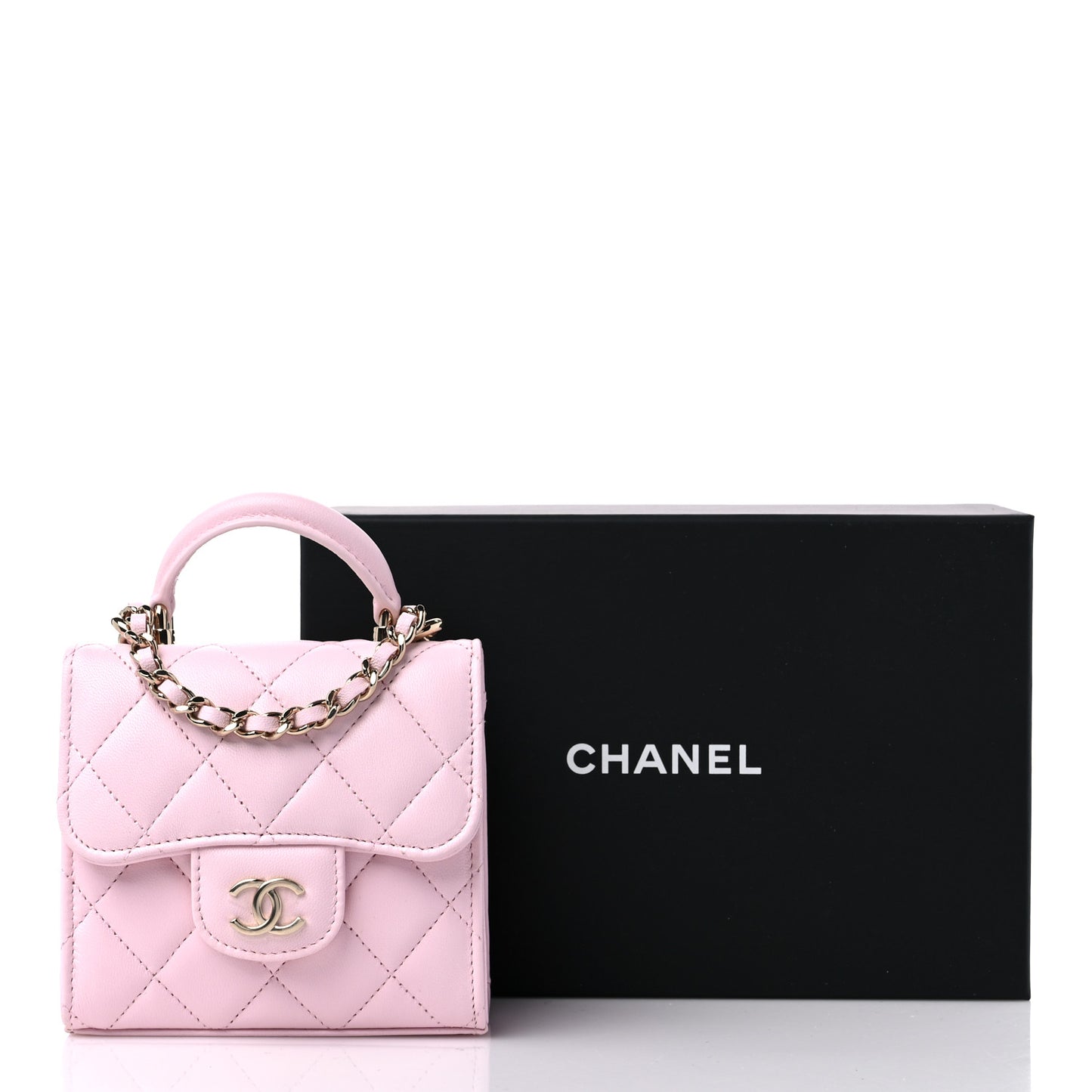 Lambskin Quilted Top Handle Clutch With Chain Light Pink