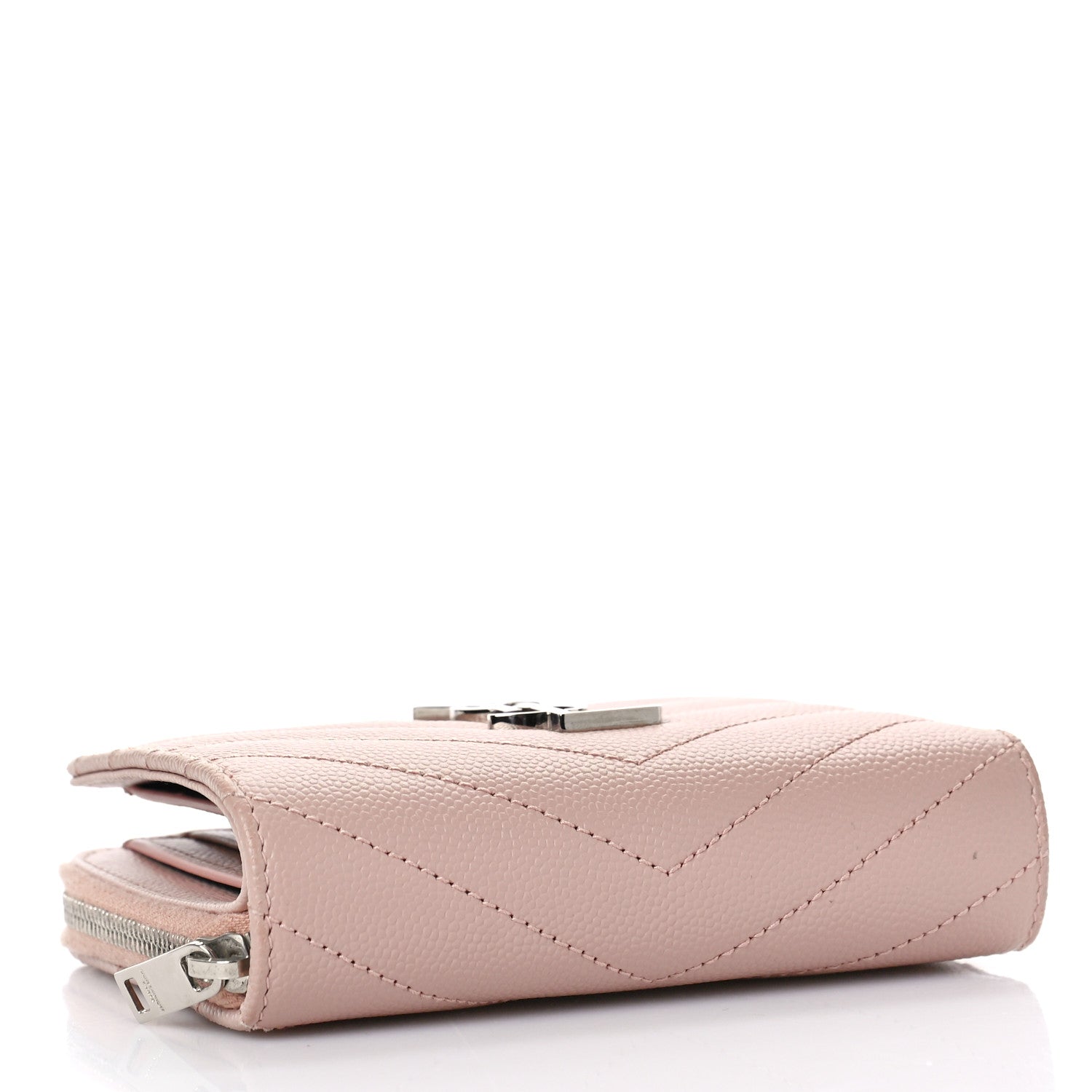 Saint Laurent Grain De Poudre Matelasse Chevron Monogram Compact Zip Around Wallet Pink 4 of 10