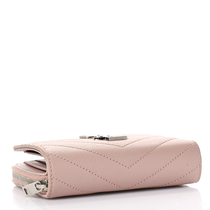Saint Laurent Grain De Poudre Matelasse Chevron Monogram Compact Zip Around Wallet Pink 4 of 10