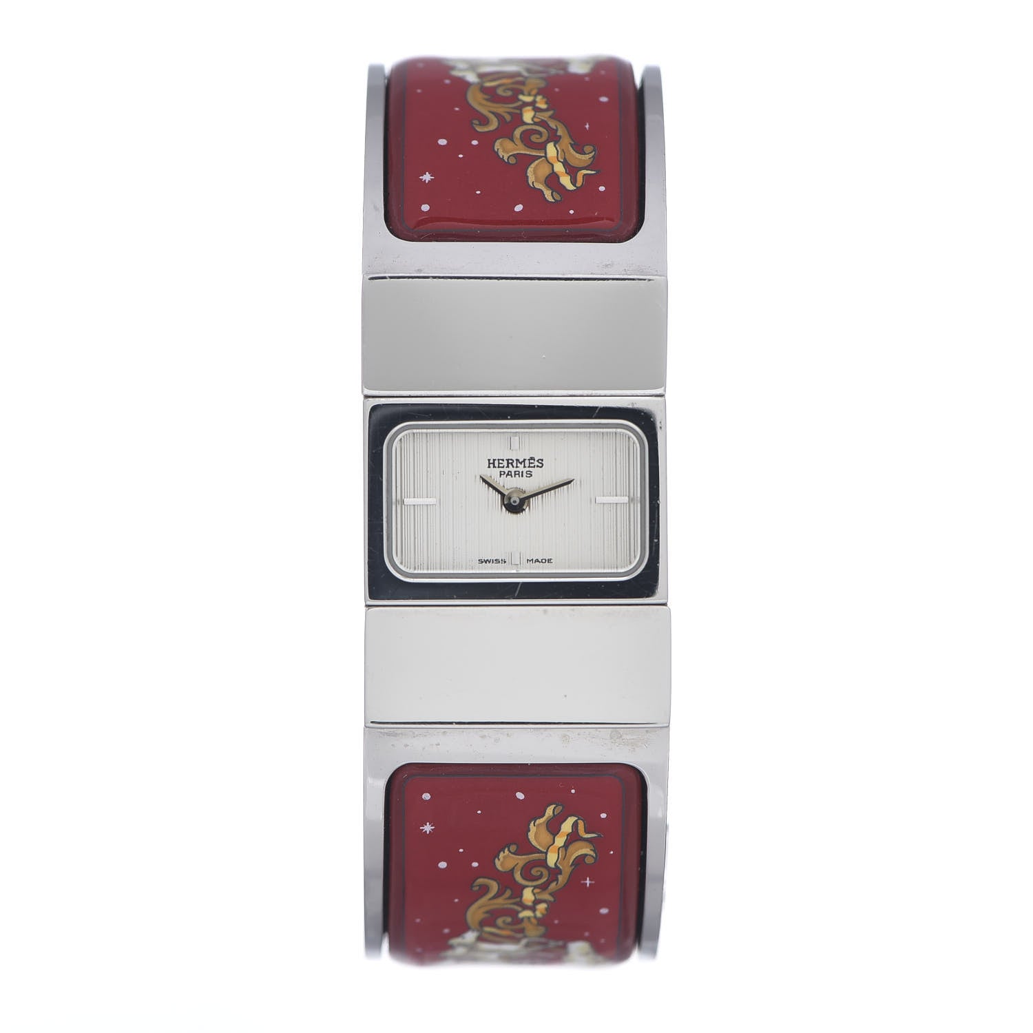 Hermes Stainless Steel Enamel 19mm Printed Horse Loquet Quartz Watch Red 1 of 5