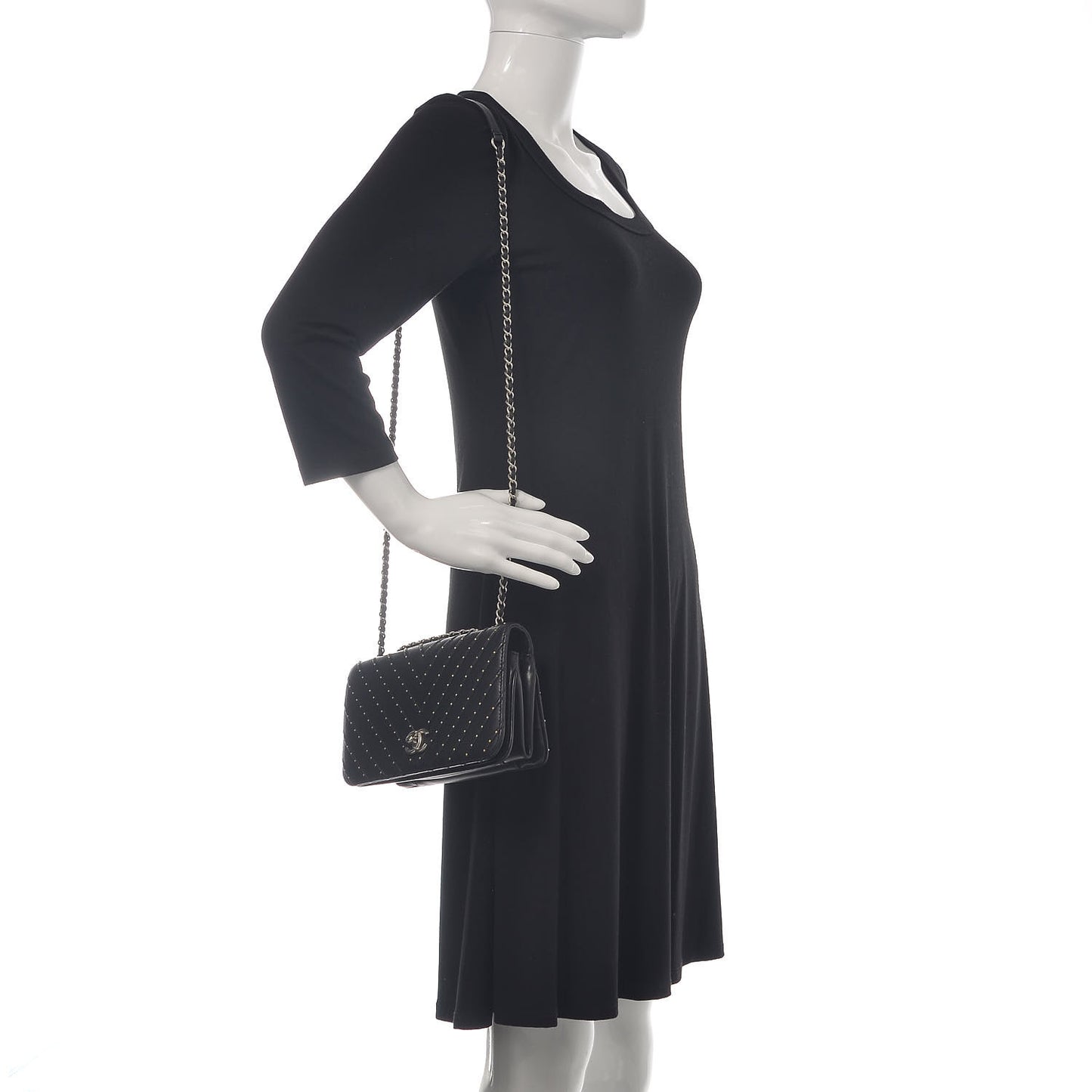 Calfskin Studded Chevron Quilted Flap Black