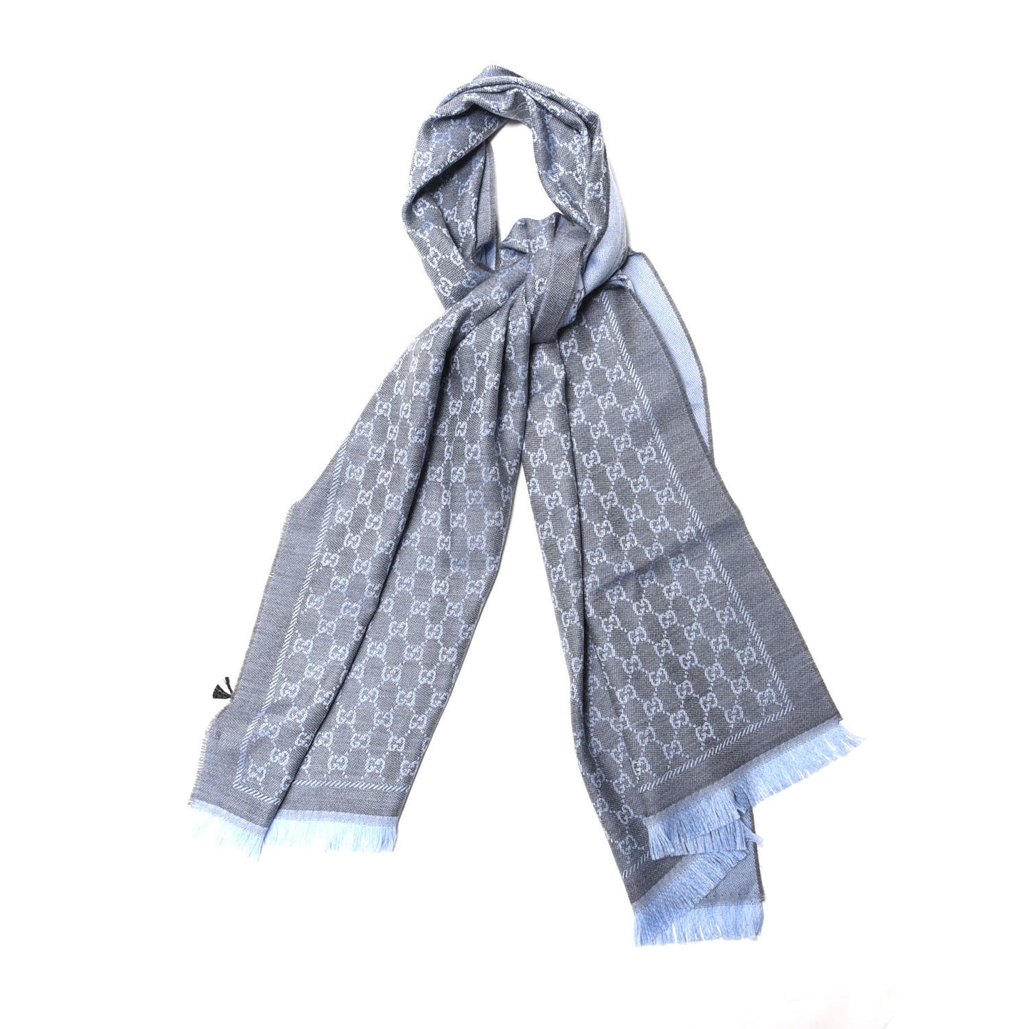 Wool Jacquard Monogram Fringe Scarf Blue
