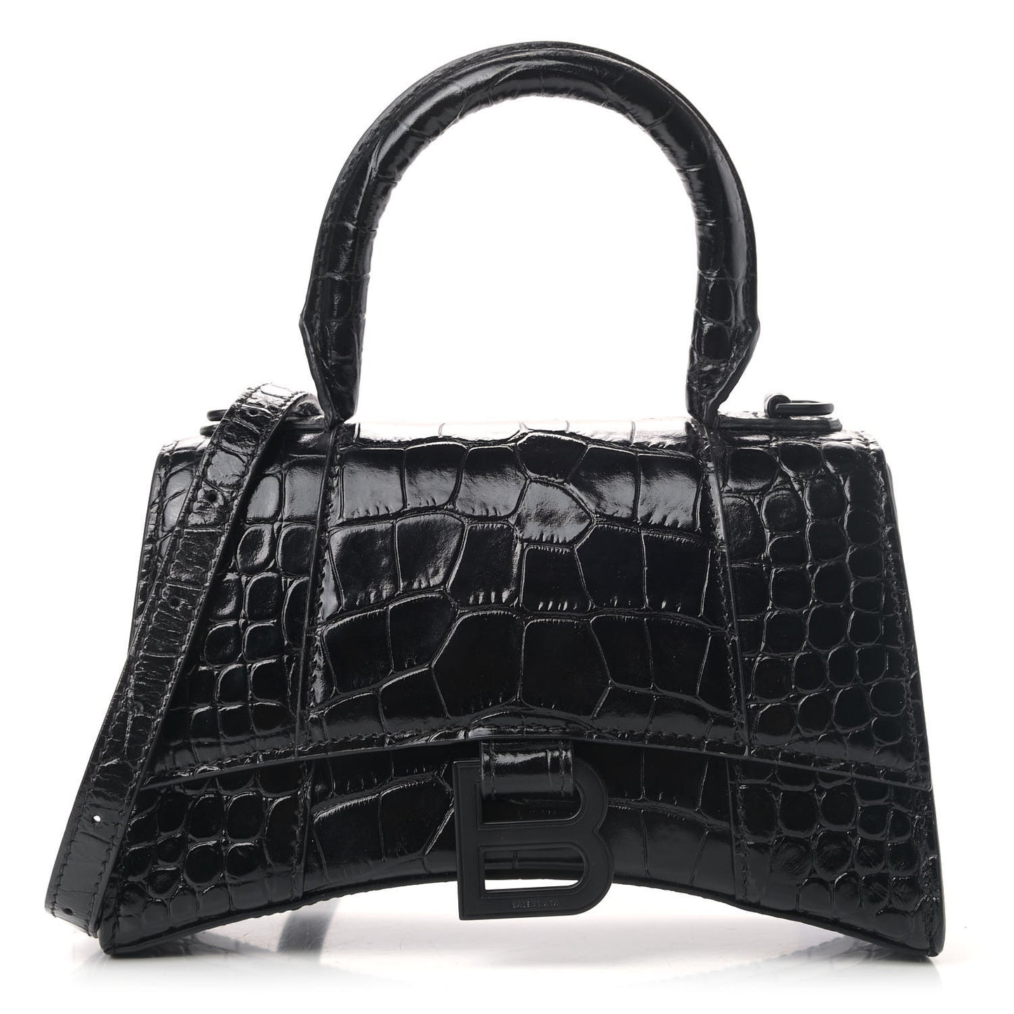 Shiny Calfskin Monochrome Crocodile Embossed Hourglass Top Handle Bag XS Black