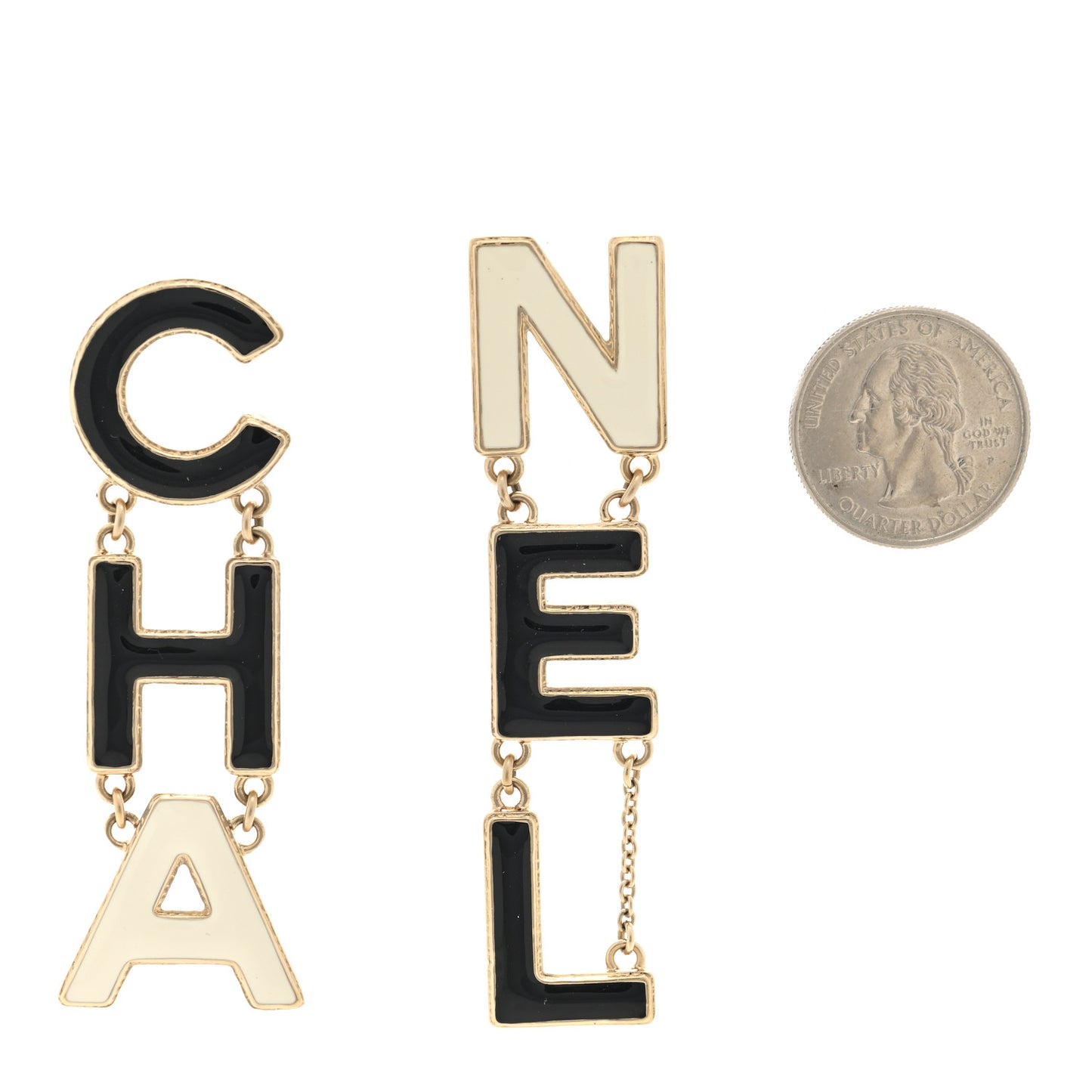 Metal Enamel Cha-Nel Logo Drop Earrings Black White