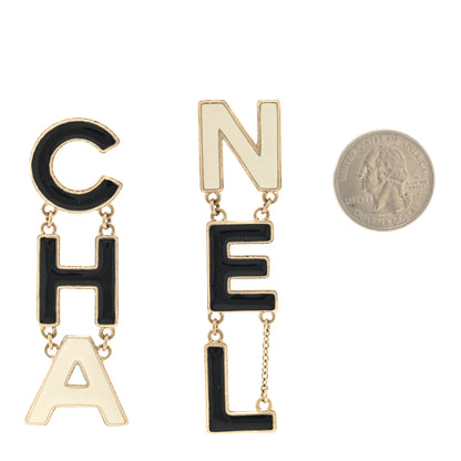 Chanel Metal Enamel Cha-Nel Logo Drop Earrings Black White 2 of 4