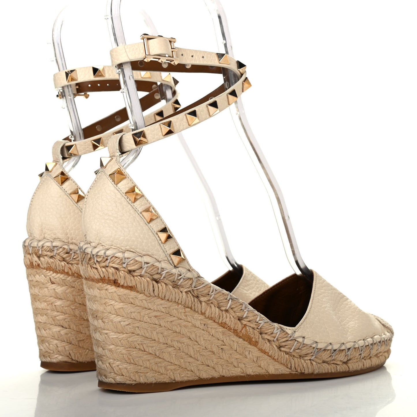 Grained Calfskin Rockstud Ankle Wrap Espadrille 15/85mm Wedges 36 Light Ivory