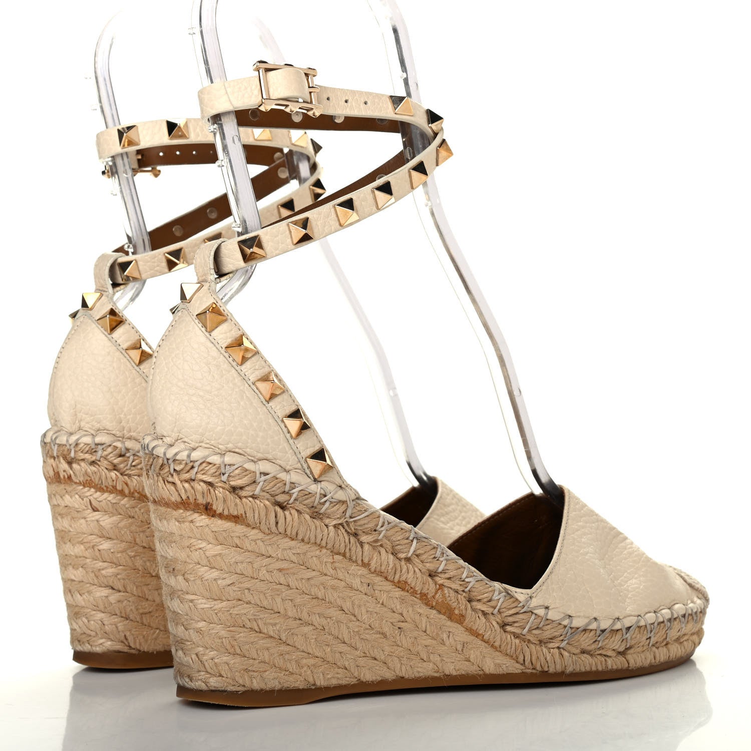 Valentino Garavani Grained Calfskin Rockstud Ankle Wrap Espadrille 15/85mm Wedges 36 Light Ivory 3 of 4