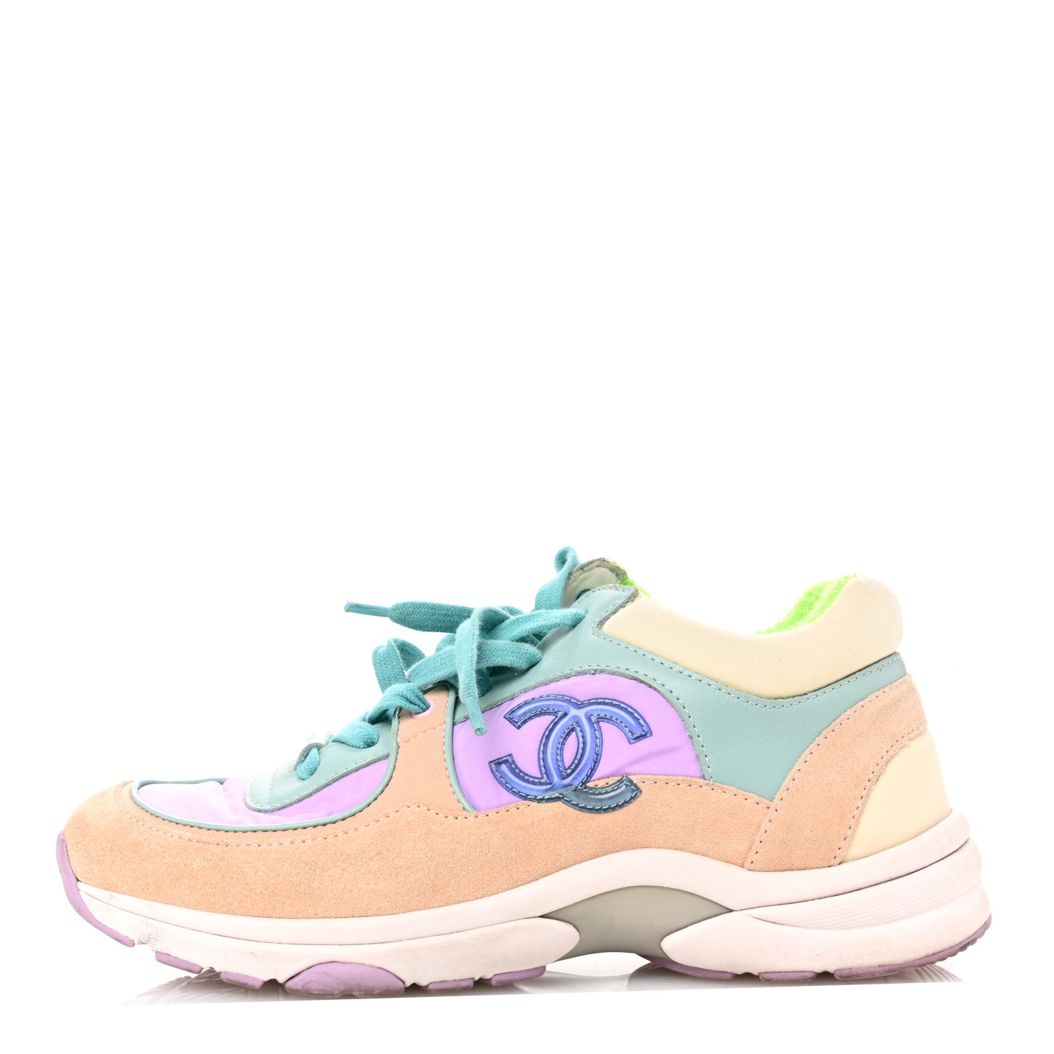 Chanel Nylon Lambskin Suede Calfskin CC Sneakers 37 Green Purple Pink 1 of 7