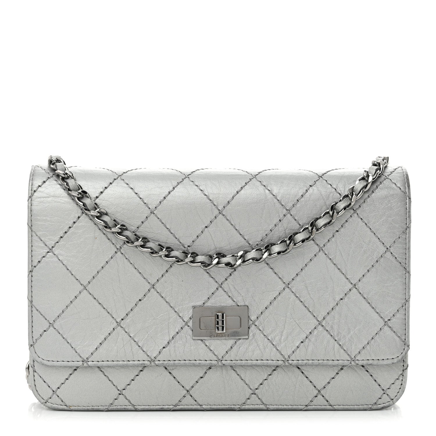 Chanel Metallic Aged Calfskin Quilted Reissue Wallet On Chain WOC Silver 1 of 15