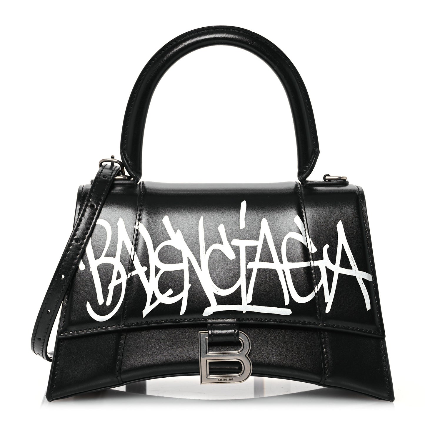 Shiny Box Calfskin Graffiti Logo Small Hourglass Top Handle Bag Black Silver