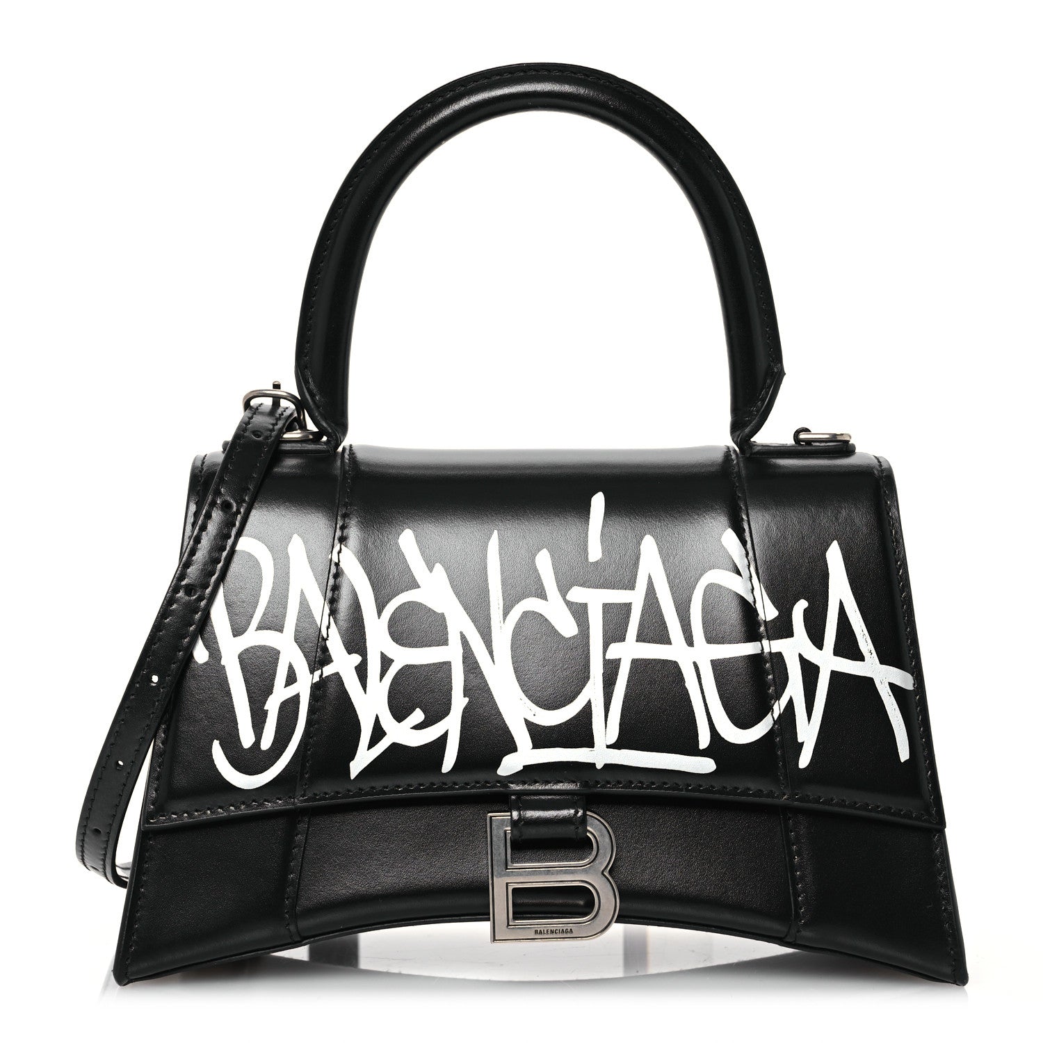 Balenciaga Shiny Box Calfskin Graffiti Logo Small Hourglass Top Handle Bag Black Silver 1 of 14