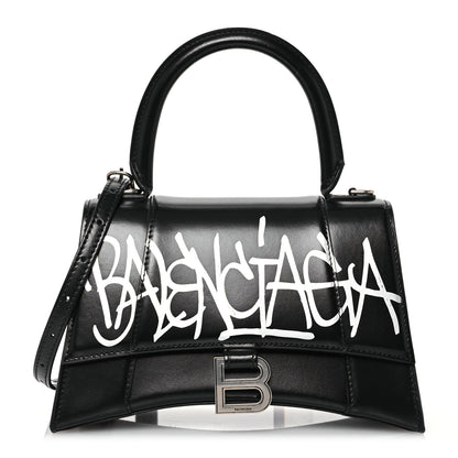 Balenciaga Shiny Box Calfskin Graffiti Logo Small Hourglass Top Handle Bag Black Silver 1 of 14