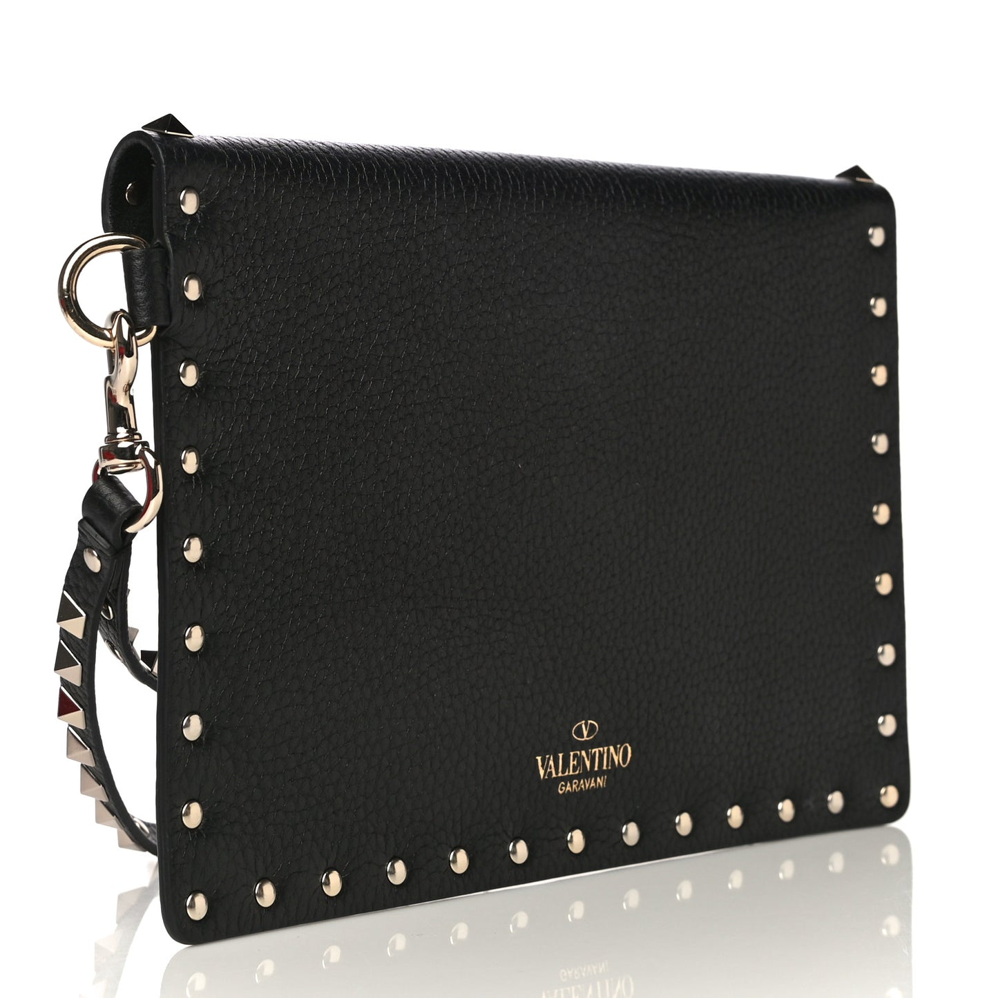 Pebbled Calfskin Medium Rockstud Envelope Flat Wristlet Pouch Black