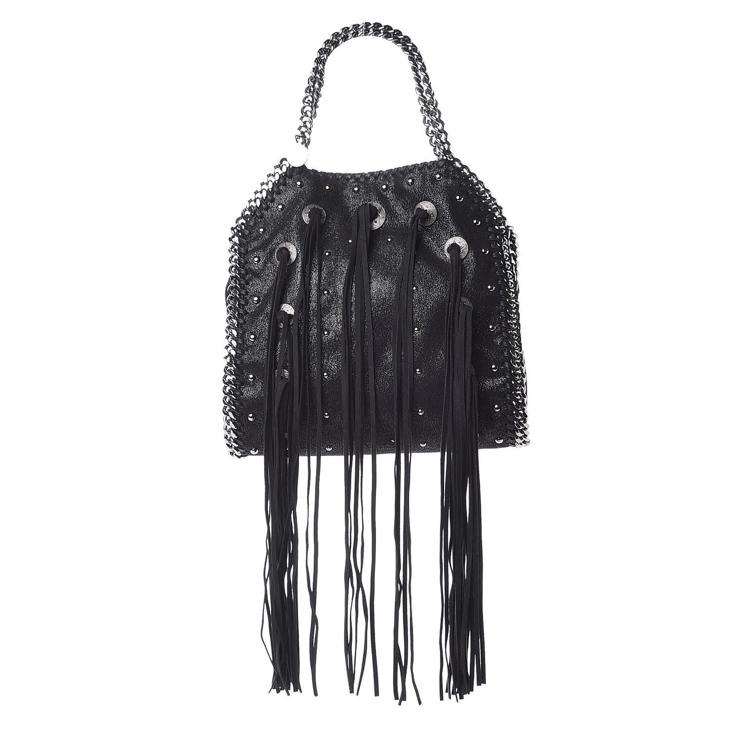 Shaggy Deer Studded Fringe Mini Falabella Tote Black