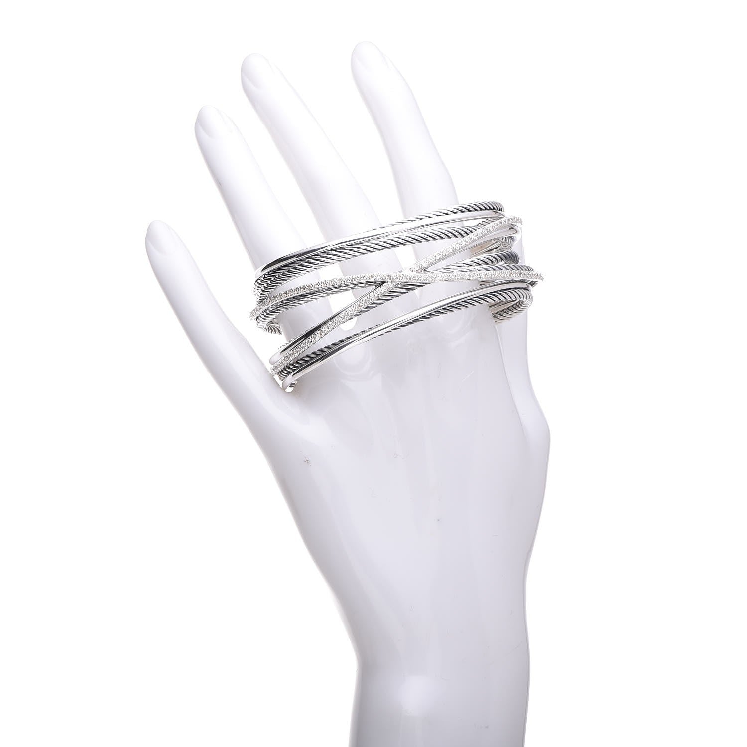 David Yurman Sterling Silver Diamond Crossover Five Row Cuff Bracelet 2 of 4