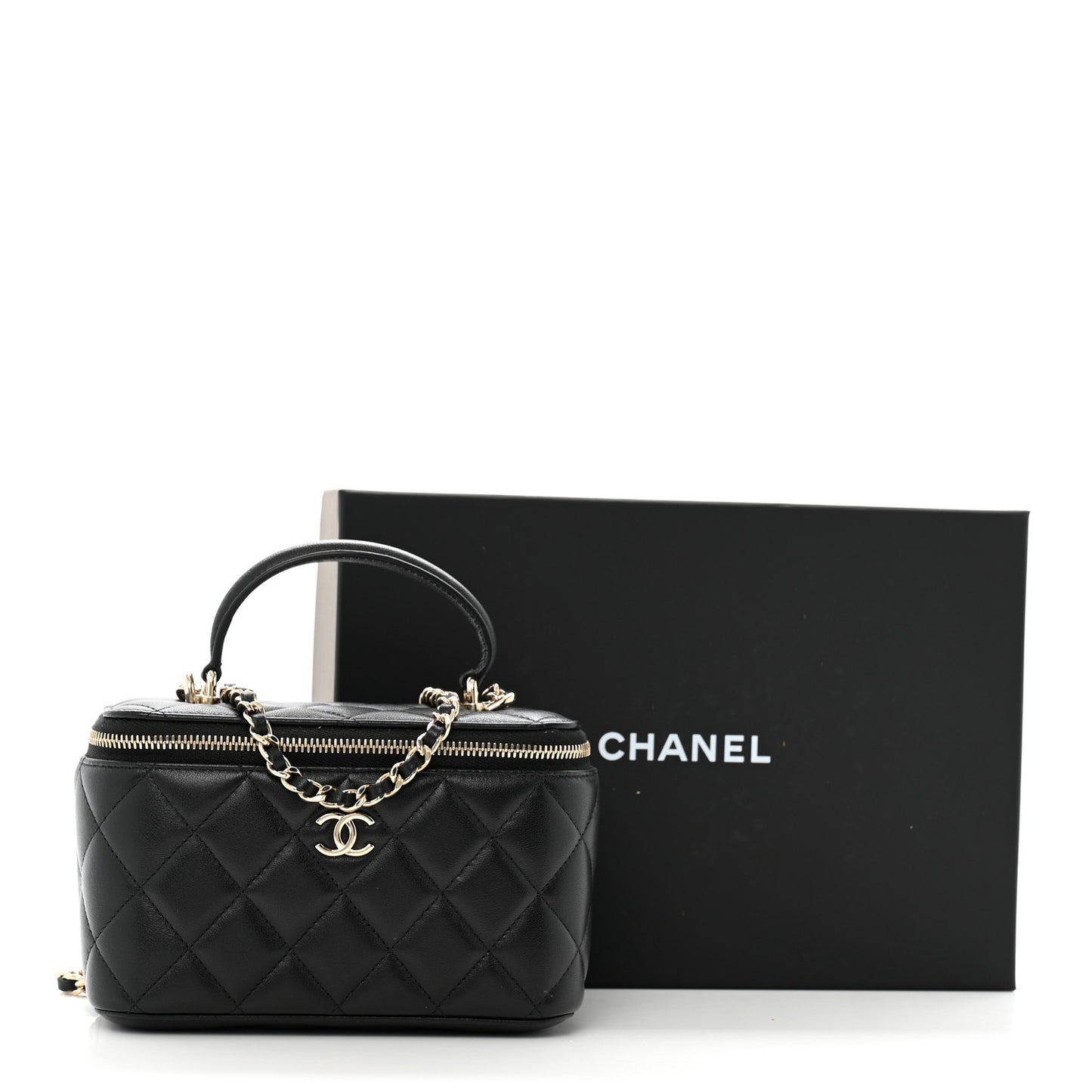 Lambskin Quilted Small Top Handle Vanity Case With Chain Black