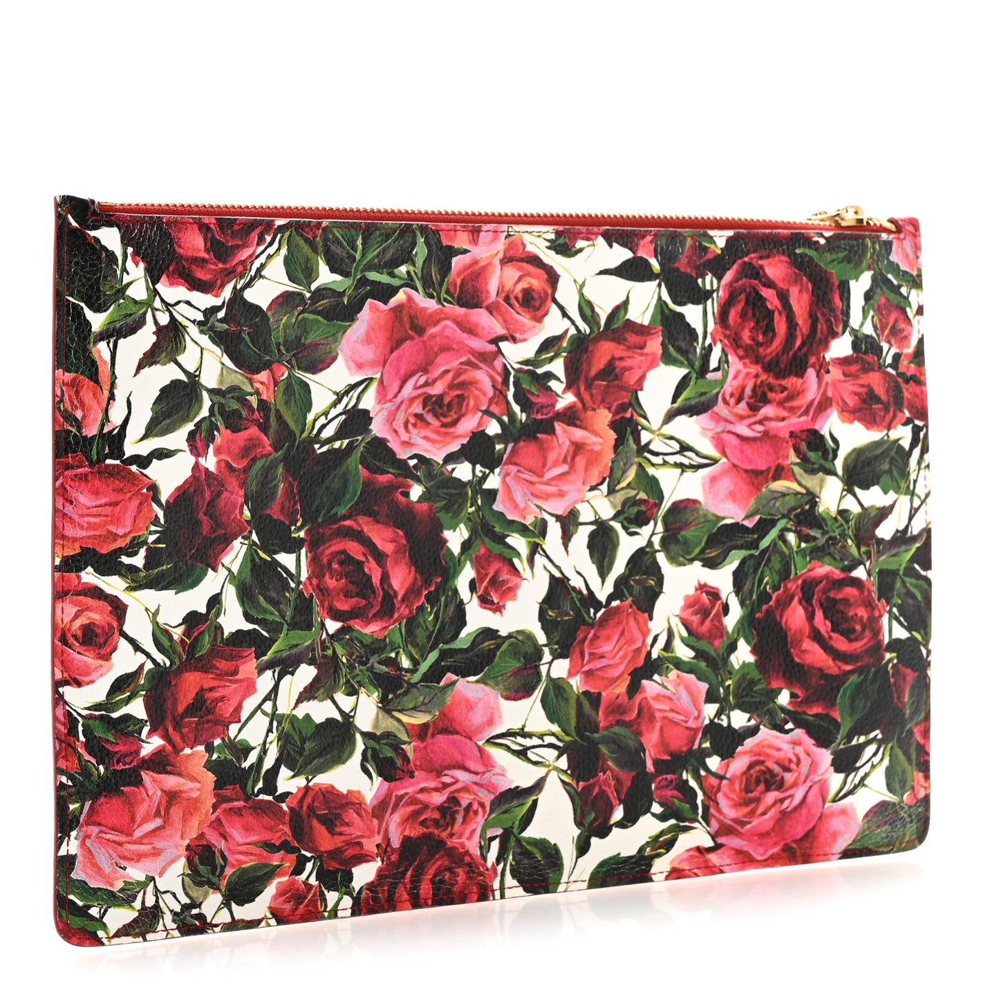 Calfskin Rose Print Zip Pouch Red Multicolor