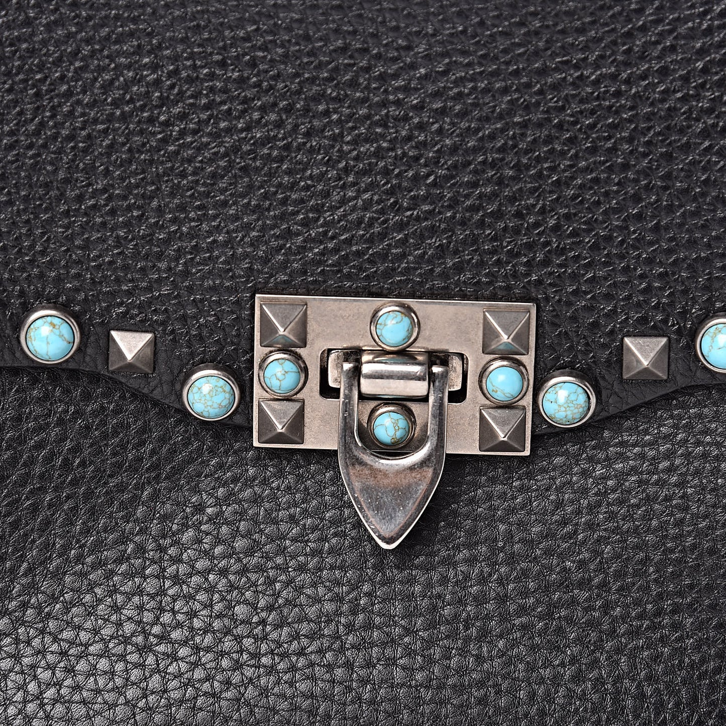 Pebbled Calfskin Turquoise Medium Guitar Strap Rockstud Rolling Flap Saddle Bag Black
