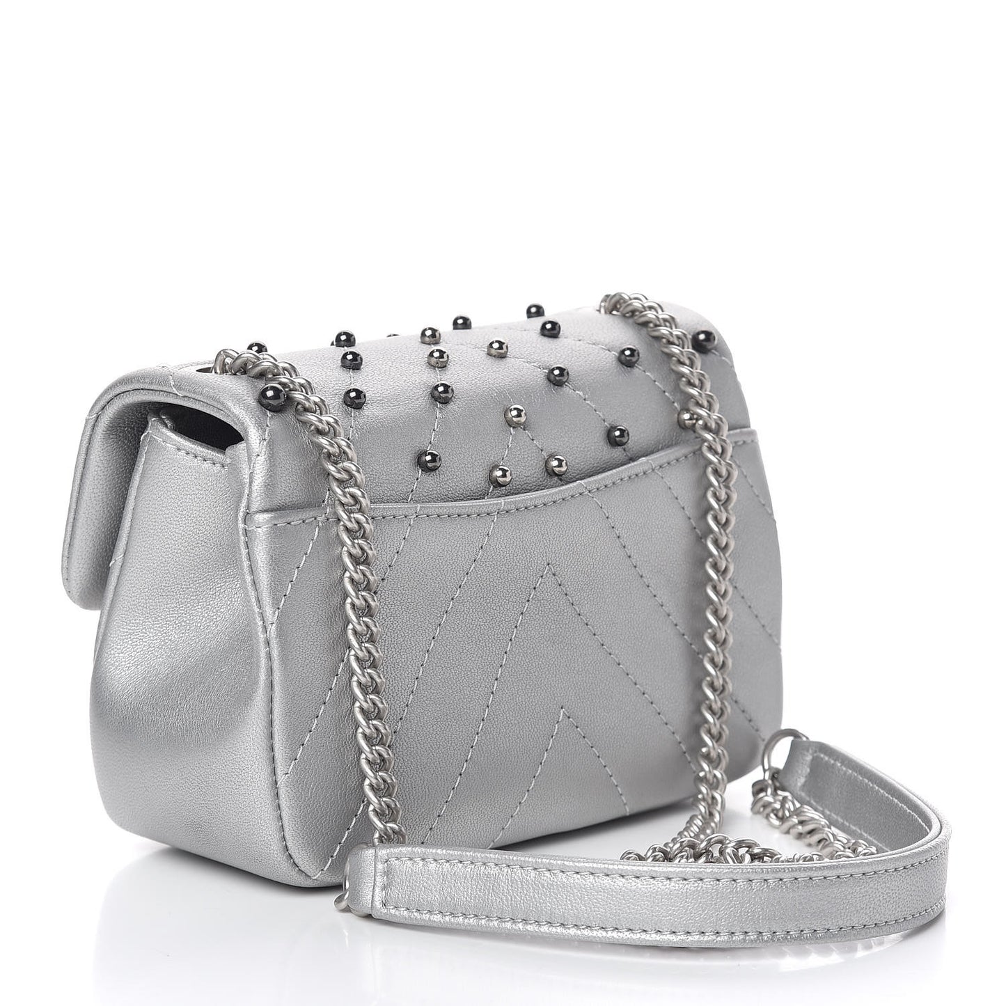 Metallic Lambskin Chevron Quilted Studded Mini Flap Silver