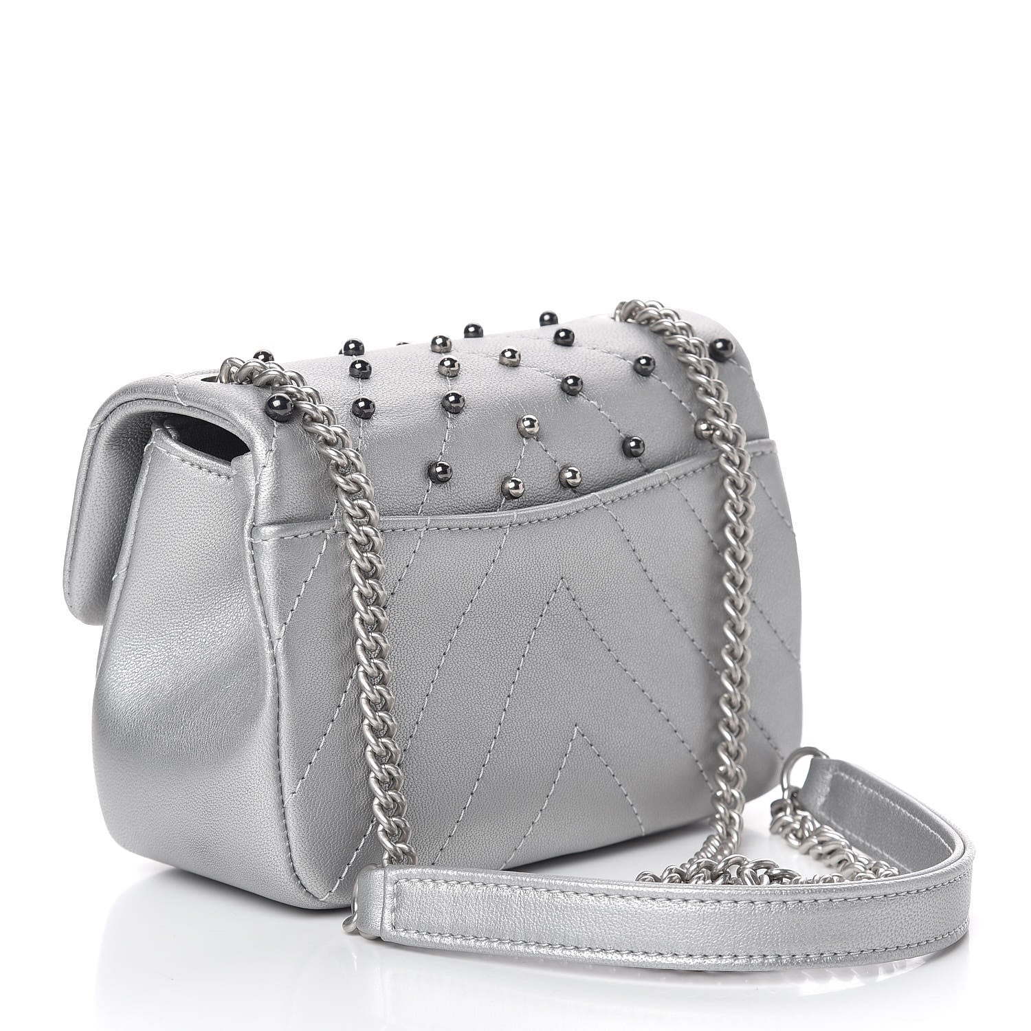 Chanel Metallic Lambskin Chevron Quilted Studded Mini Flap Silver 3 of 10