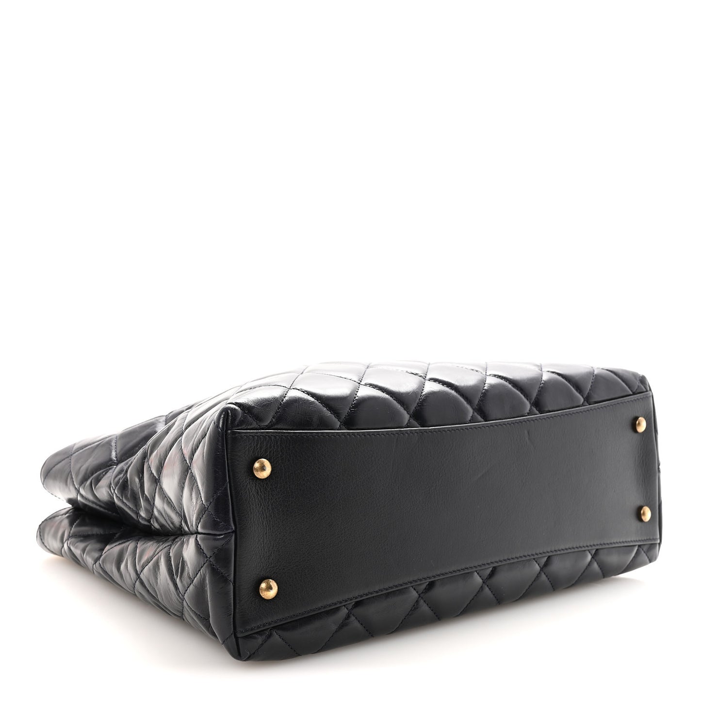 Glazed Calfskin Quilted Gold Bar Tote Dark Navy Blue