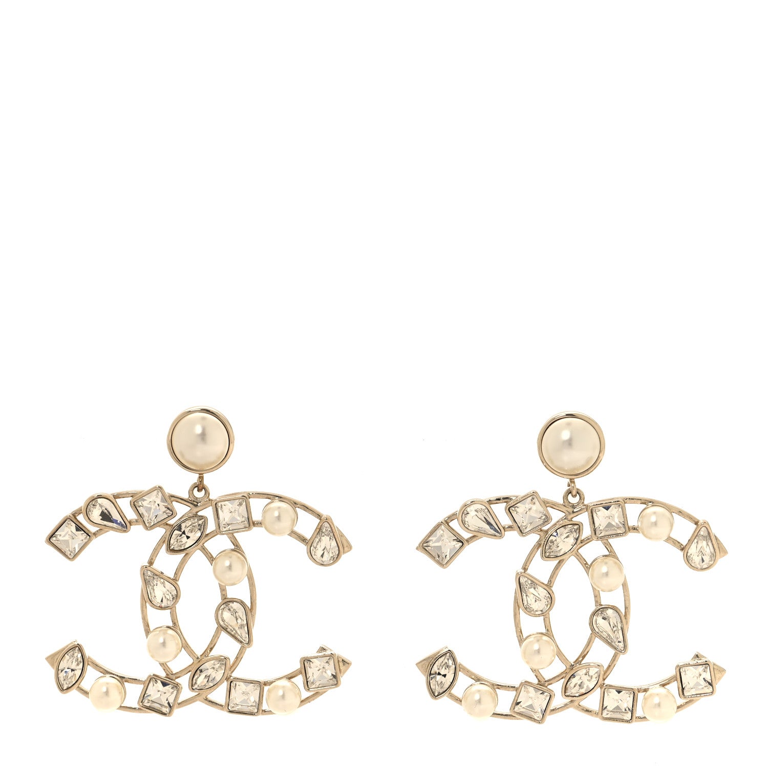 Chanel Metal Glass Pearl Strass Snowfall Drop Earrings Light Gold 1 of 5